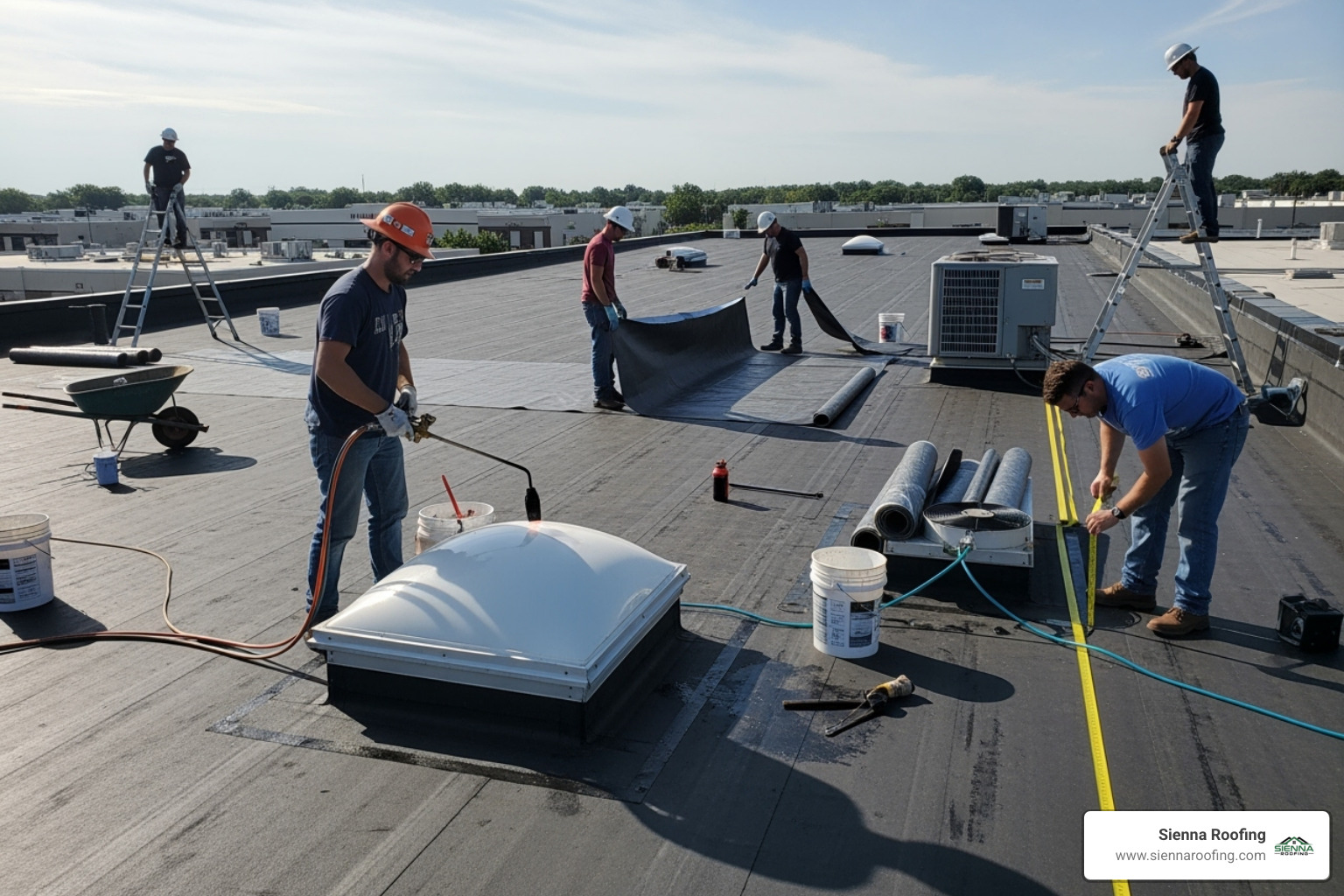 team of roofers working on a large commercial flat roof - roofer