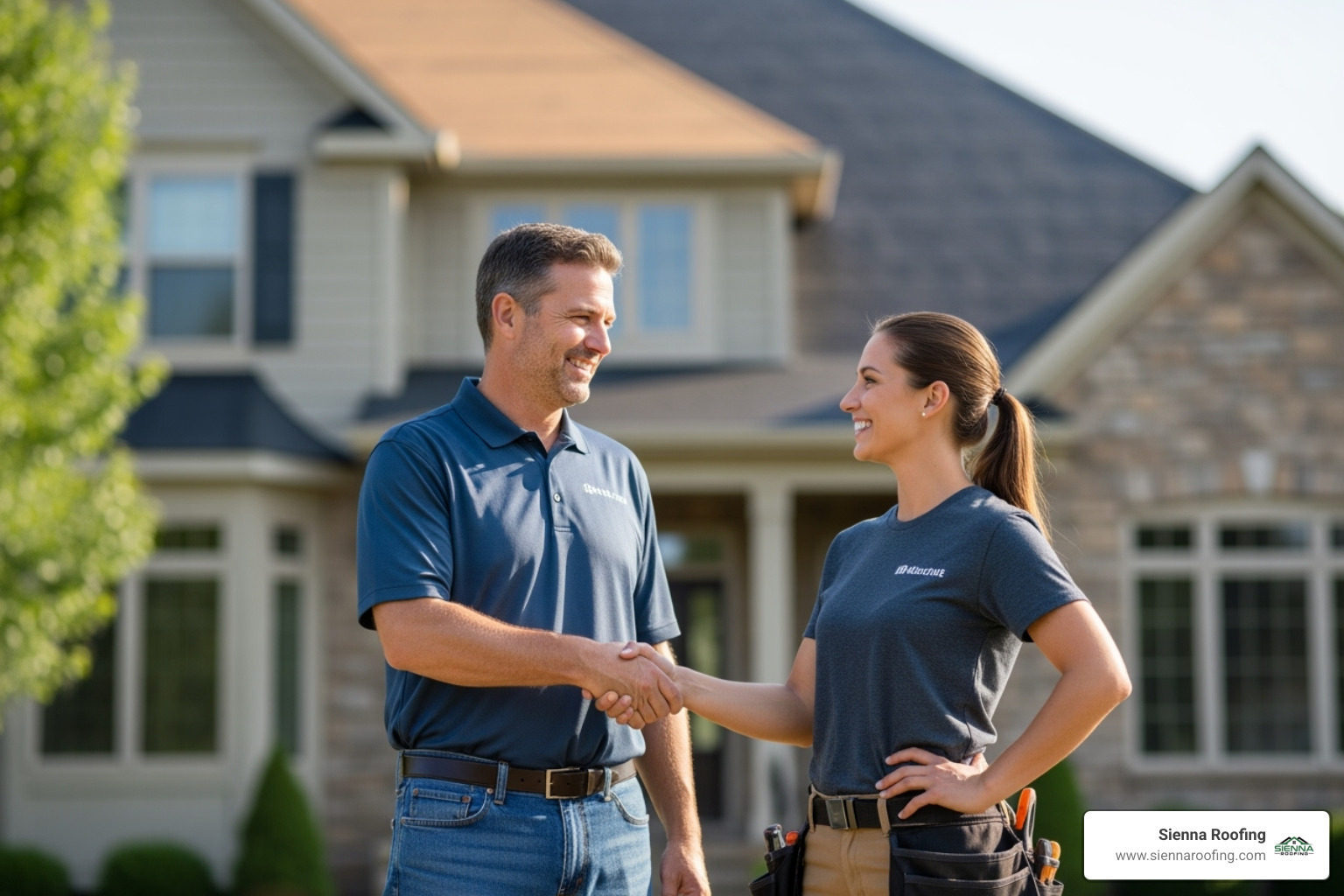 homeowner shaking hands with a trustworthy roofer - roofer