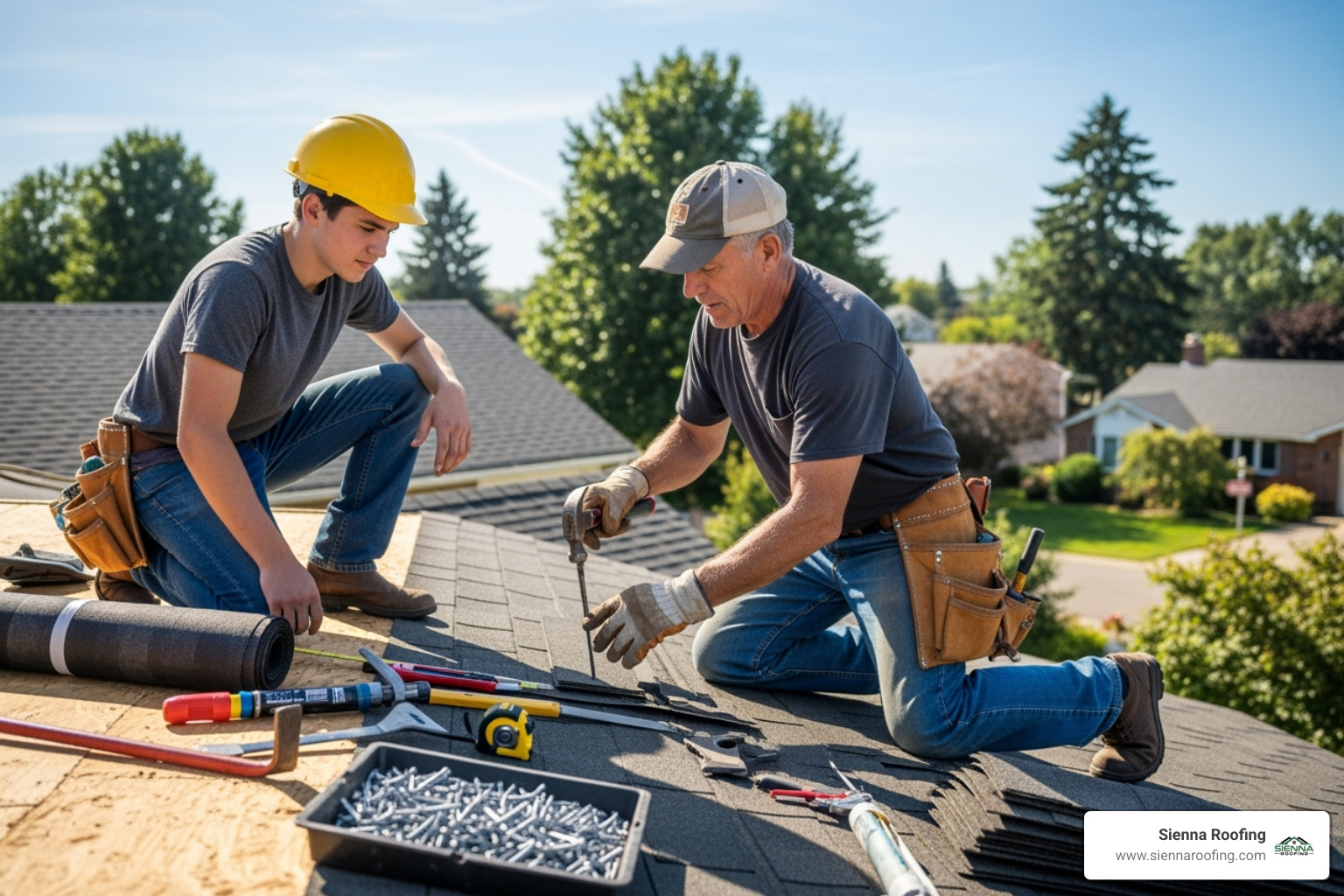 roofer apprentice learning from a seasoned professional - roofer