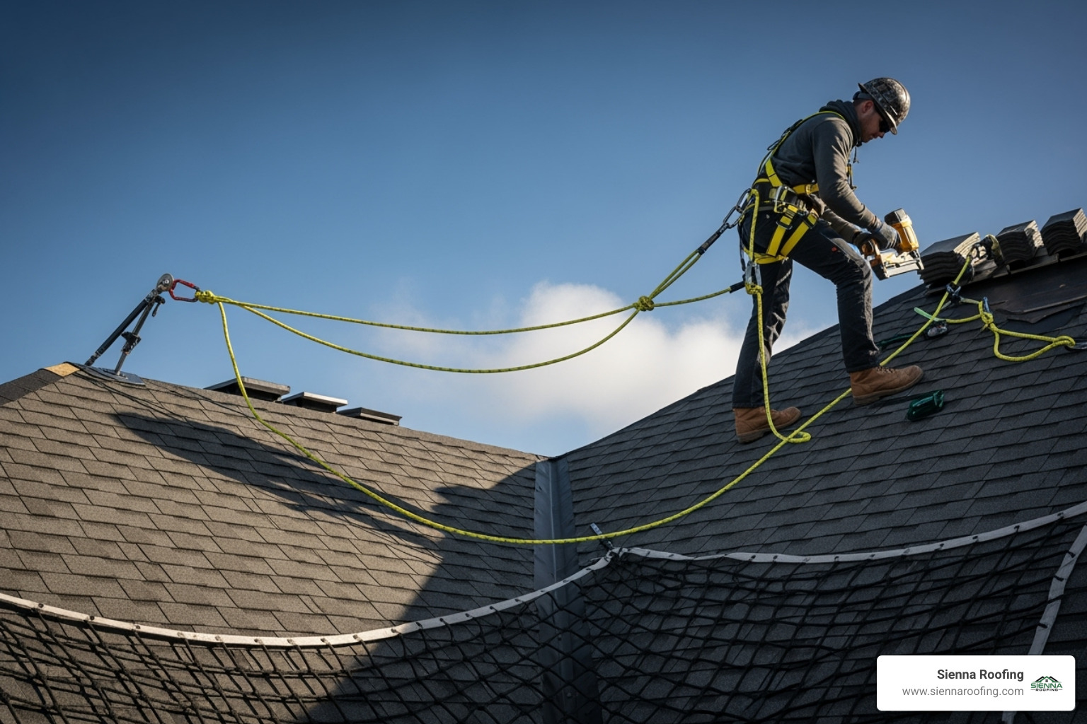 roofer wearing a full fall arrest system on a steep-pitched roof - roofer