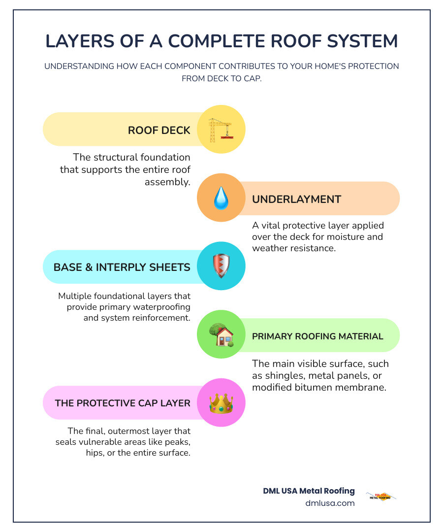 Detailed infographic showing the layers of a roof system, starting from the roof deck, through underlayment and base sheets, up to the final protective cap layer, explaining what each part does - cap roofing infographic infographic-line-5-steps-colors