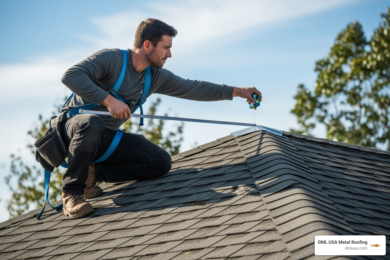 contractor measuring a roof ridge for a metal cap - cap roofing