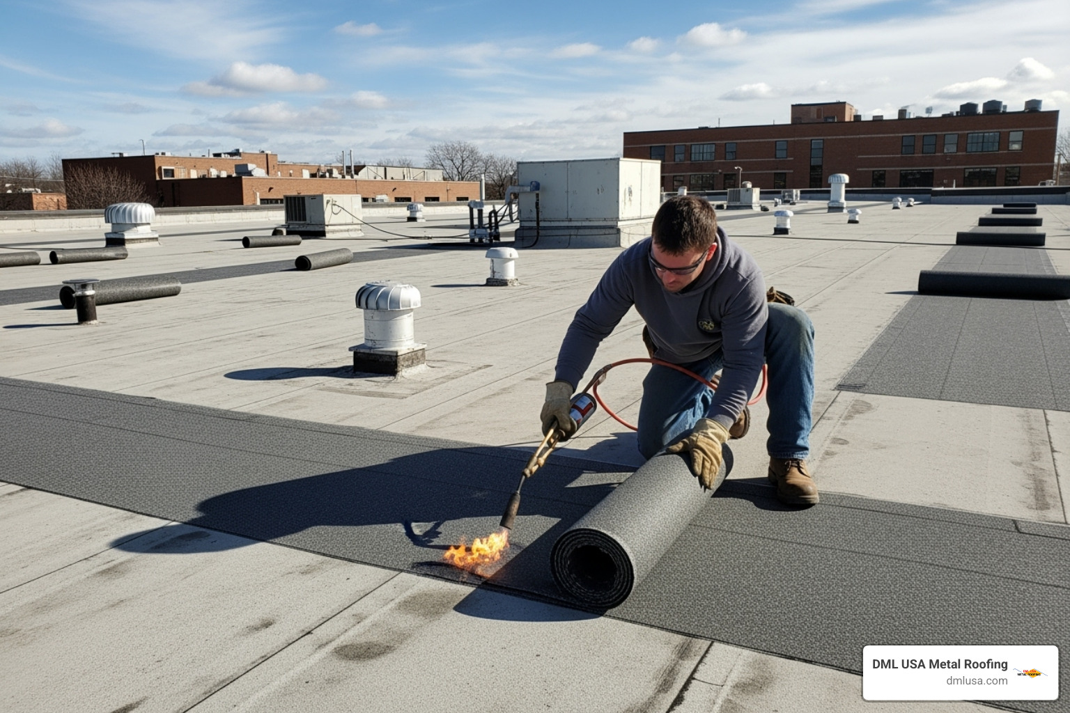 worker applying a torch-down low-slope cap sheet - cap roofing