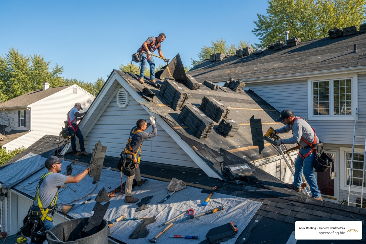 roofing team working on residential roof replacement - roofing contractor in san antonio