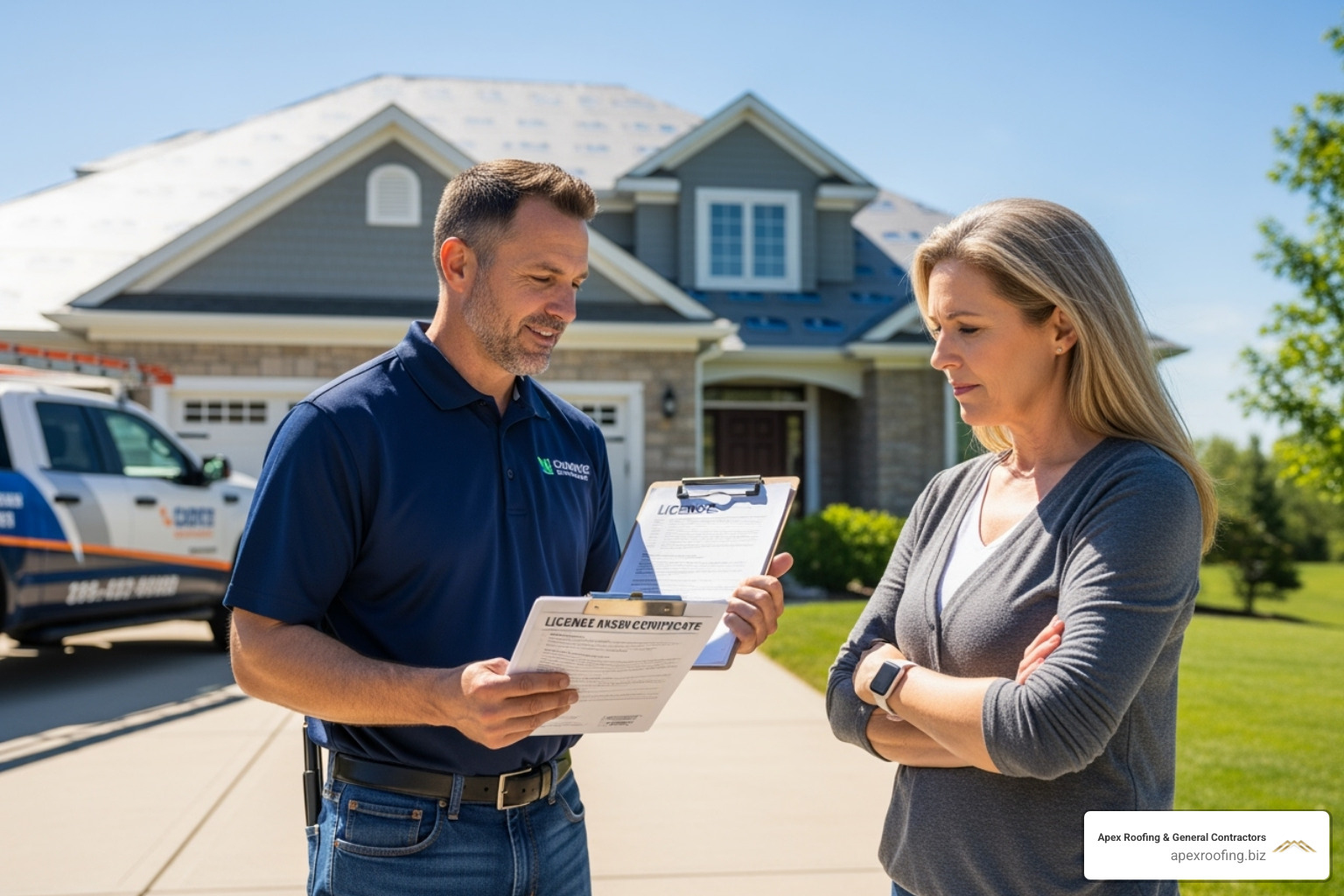 contractor showing homeowner license and insurance documents - roofing contractor in san antonio