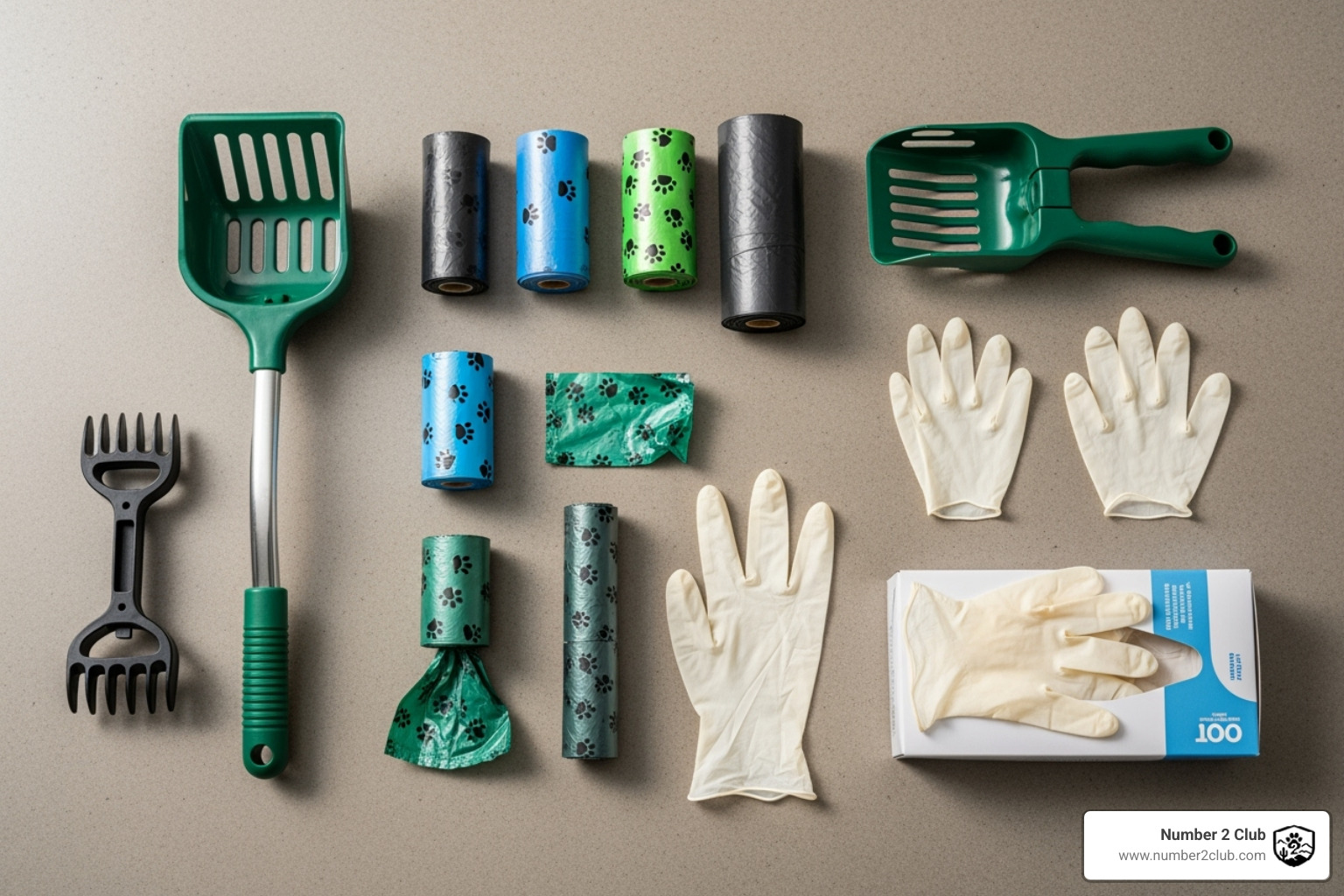 essential dog poop cleanup tools laid out neatly - clean up dog poop