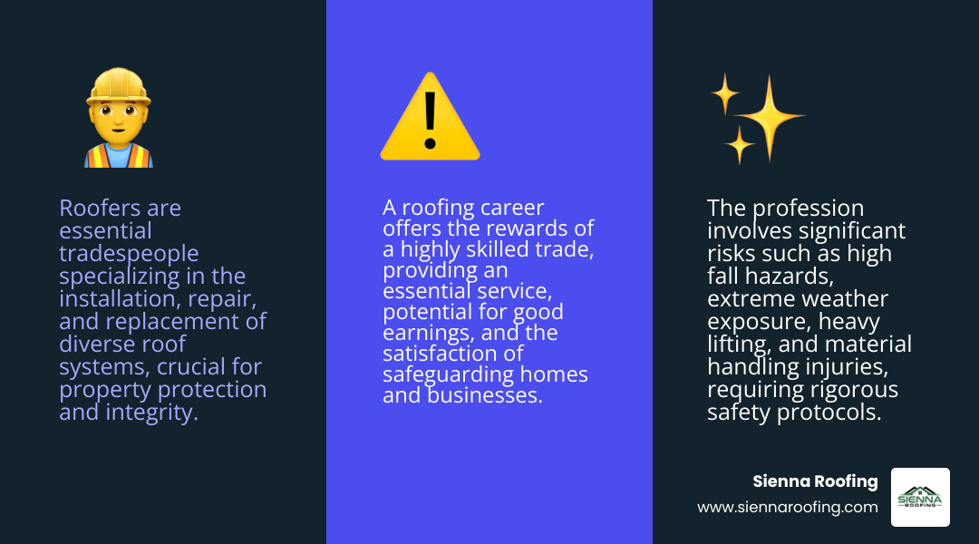 Infographic detailing the roles, responsibilities, and hazards of a roofer's career - roofer infographic 3_facts_emoji_blue