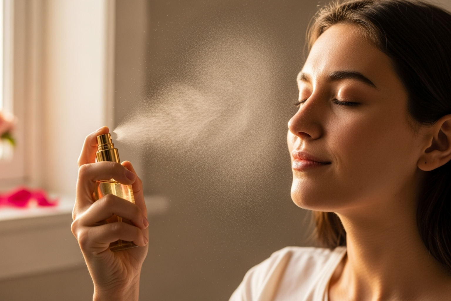Person spritzing face with rosewater mist - Benefits of rosewater