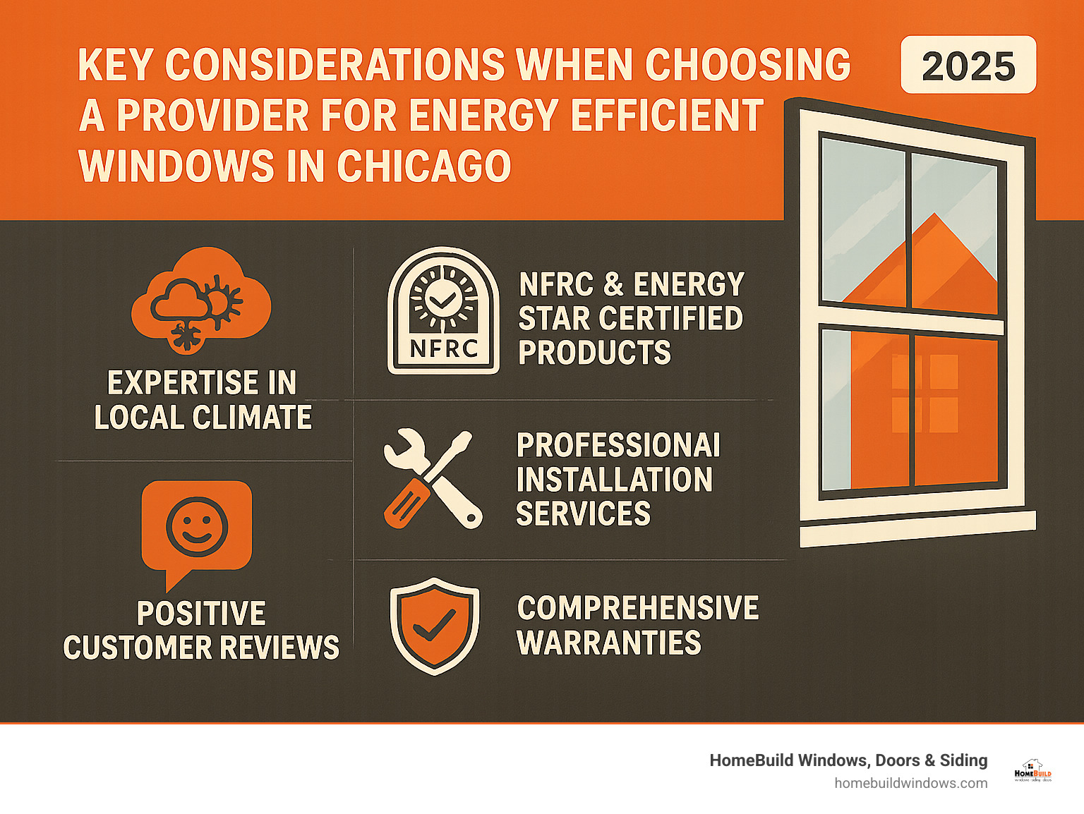 Infographic: Key Considerations When Choosing a Provider for Energy Efficient Windows in Chicago: Expertise in Local Climate, NFRC & ENERGY STAR Certified Products, Professional Installation Services, Comprehensive Warranties, Positive Customer Reviews. - energy efficient windows chicago infographic 