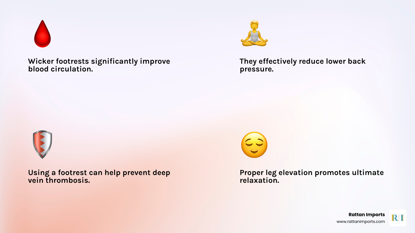 Infographic showing the health benefits of using a wicker footrest, including improved blood circulation, reduced lower back pressure, prevention of deep vein thrombosis, and proper leg elevation for relaxation - wicker footrest infographic 4_facts_emoji_light-gradient