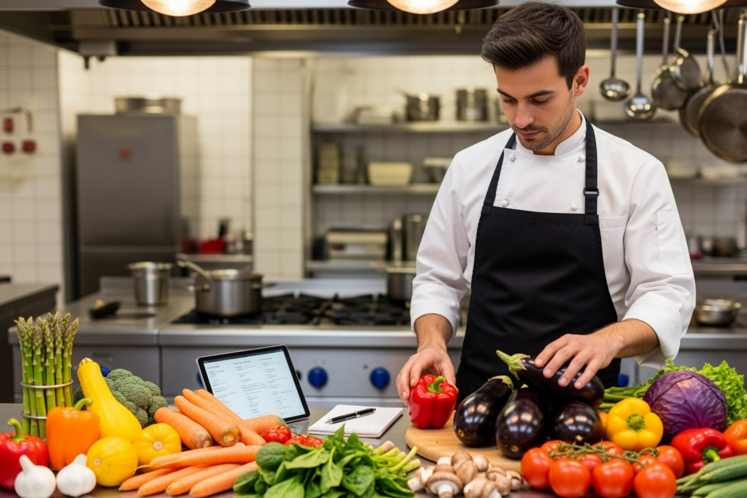 A chef planning a menu with seasonal vegetables - Local food trends