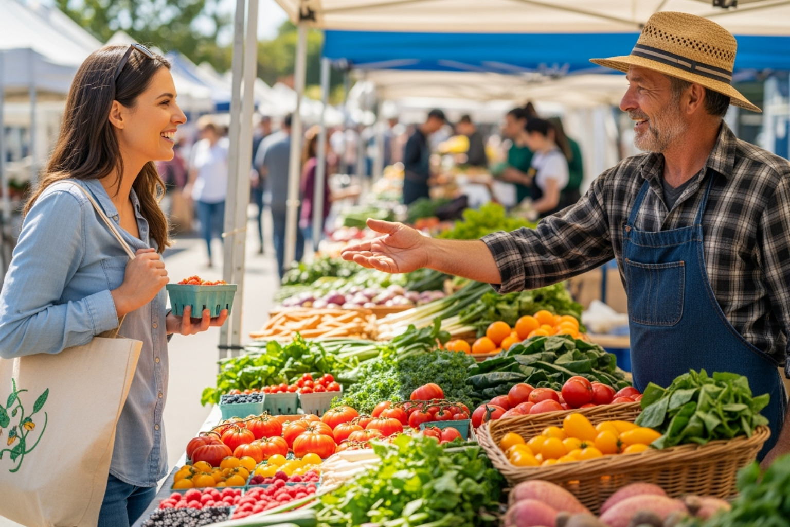 A consumer happily interacting with a farmer at a market stall - Local food trends