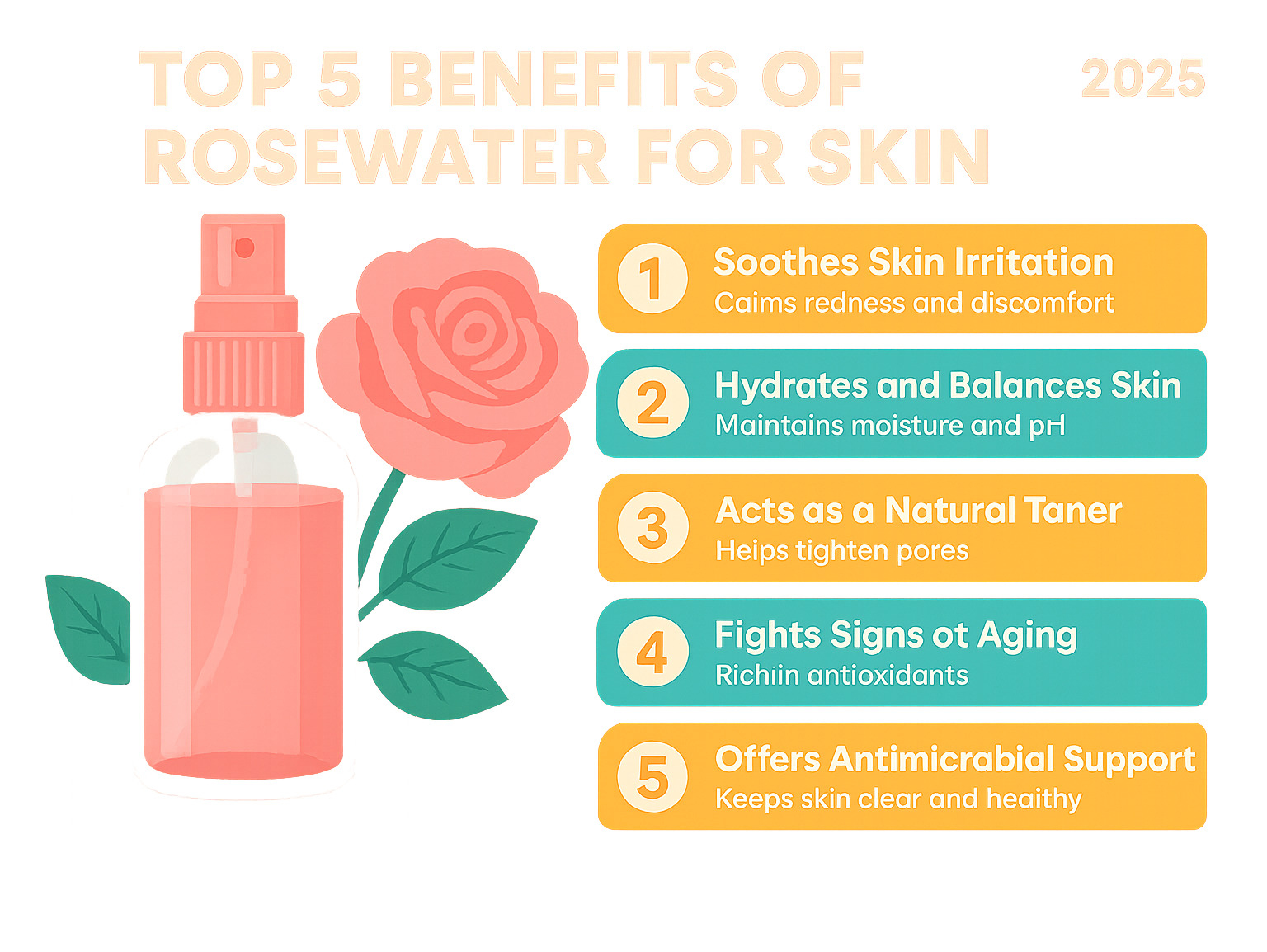 Infographic showing top 5 benefits of rosewater for skin - Benefits of rosewater infographic 