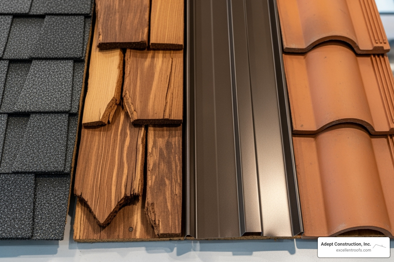 image of various roofing material samples like asphalt, cedar, and metal - roof repair & maintenance in naperville il image of various roofing material samples like asphalt, cedar, and metal - roof repair & maintenance in naperville il
