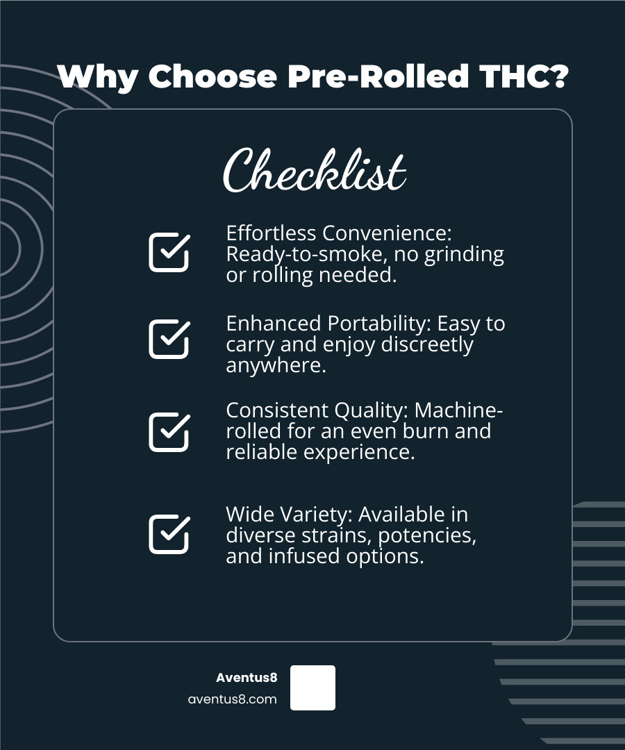 Infographic detailing the types of pre-rolls, their benefits, and key features like portability and consistent dosage - pre rolled thc infographic checklist-dark-blue