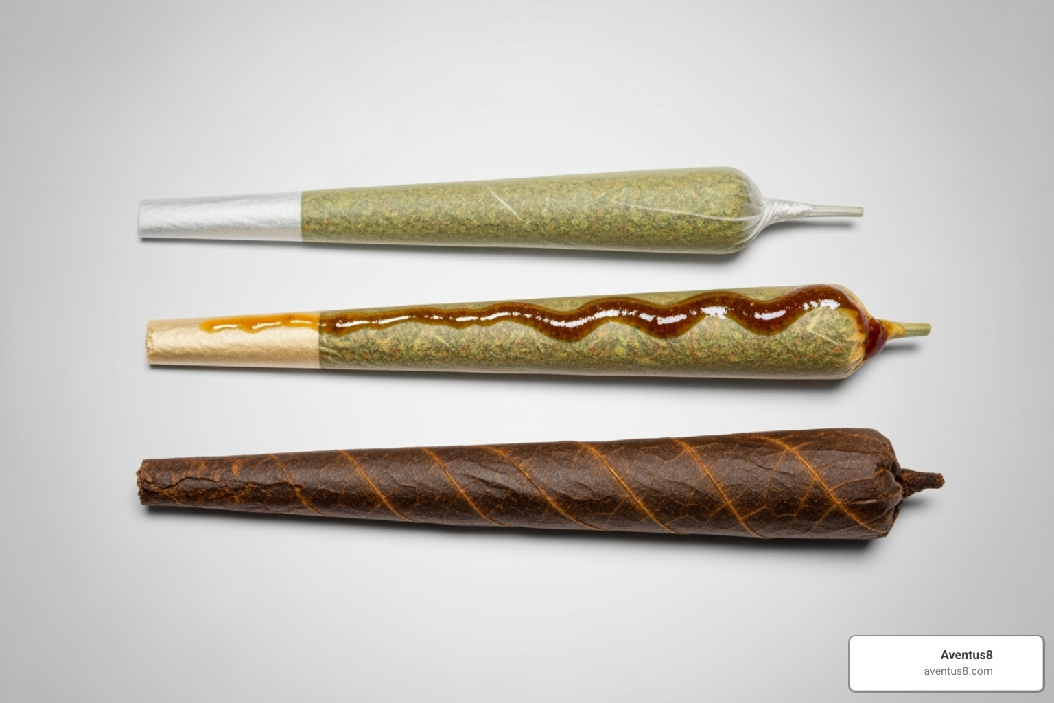 A standard joint, an infused joint, and a blunt side-by-side for comparison - pre rolled thc