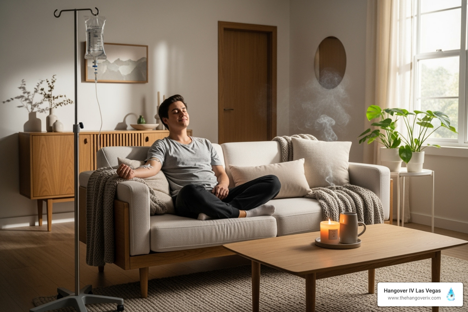 A person relaxing while receiving an IV drip in a comfortable setting - IV drip for detox
