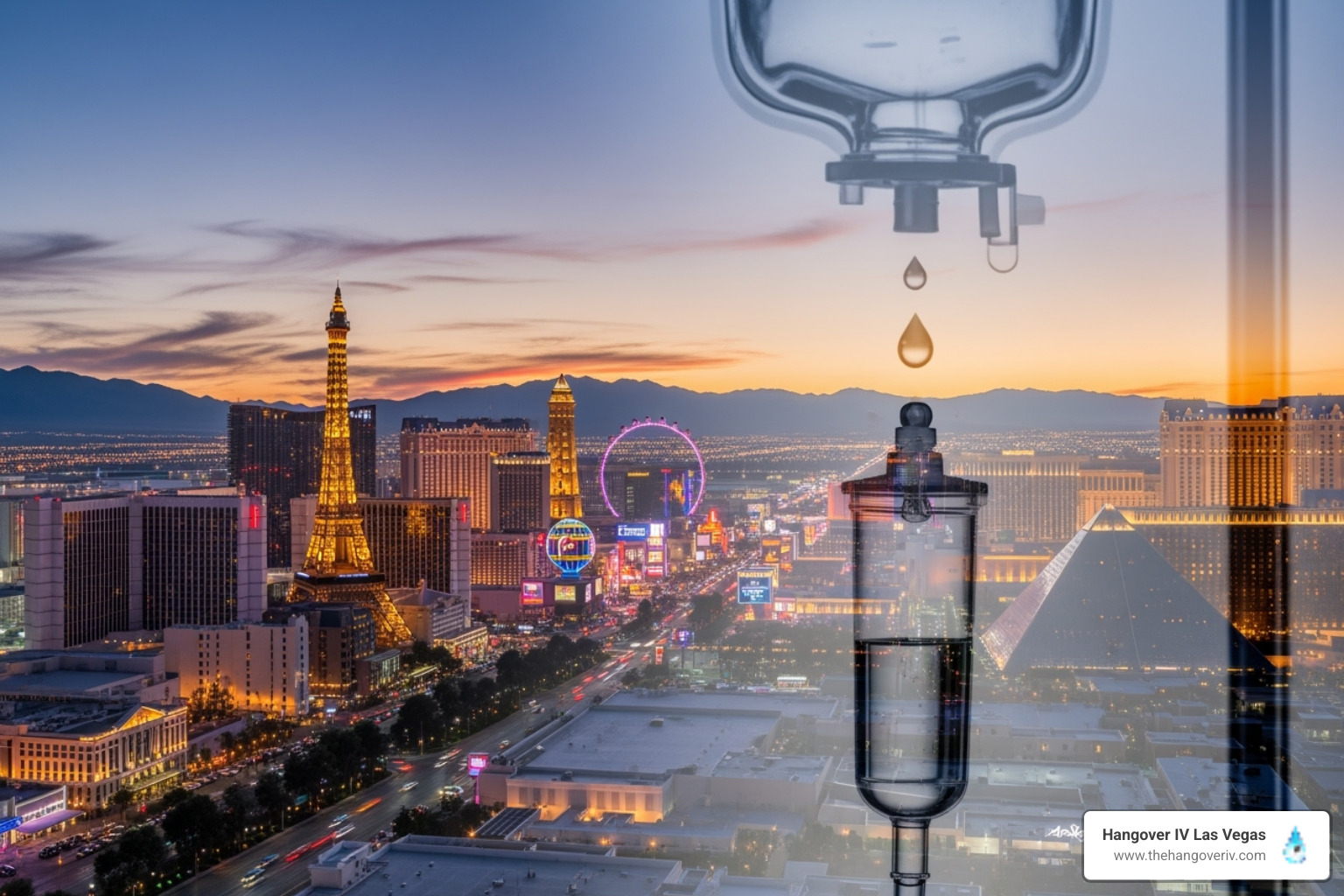 Las Vegas skyline with an IV drip graphic overlay - IV drip for detox