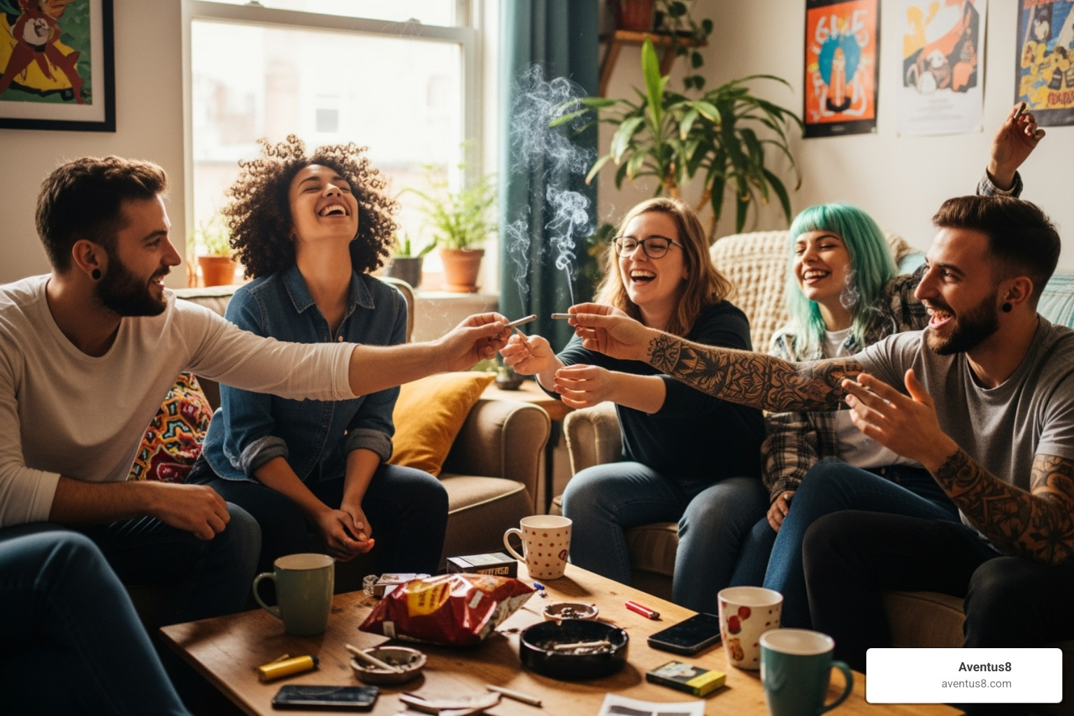 friends sharing pre-rolls in a social setting - pre rolled thc
