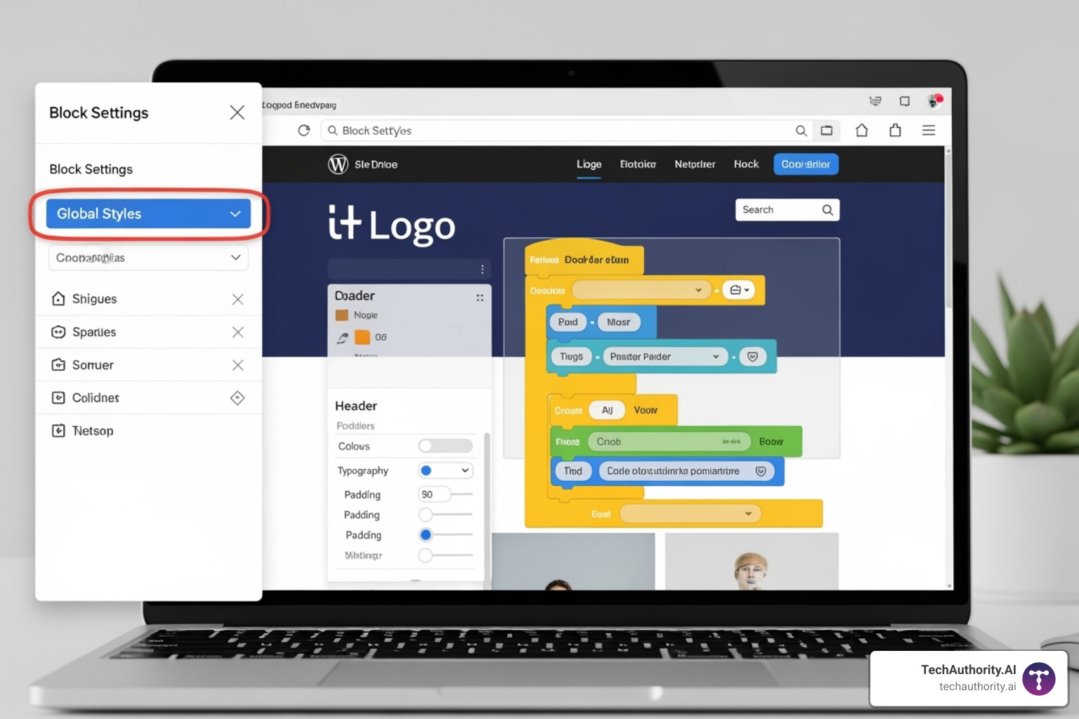The WordPress Site Editor interface, showing a user visually customizing a website's header using blocks, with a sidebar for block settings and global styles. - WordPress custom theme development