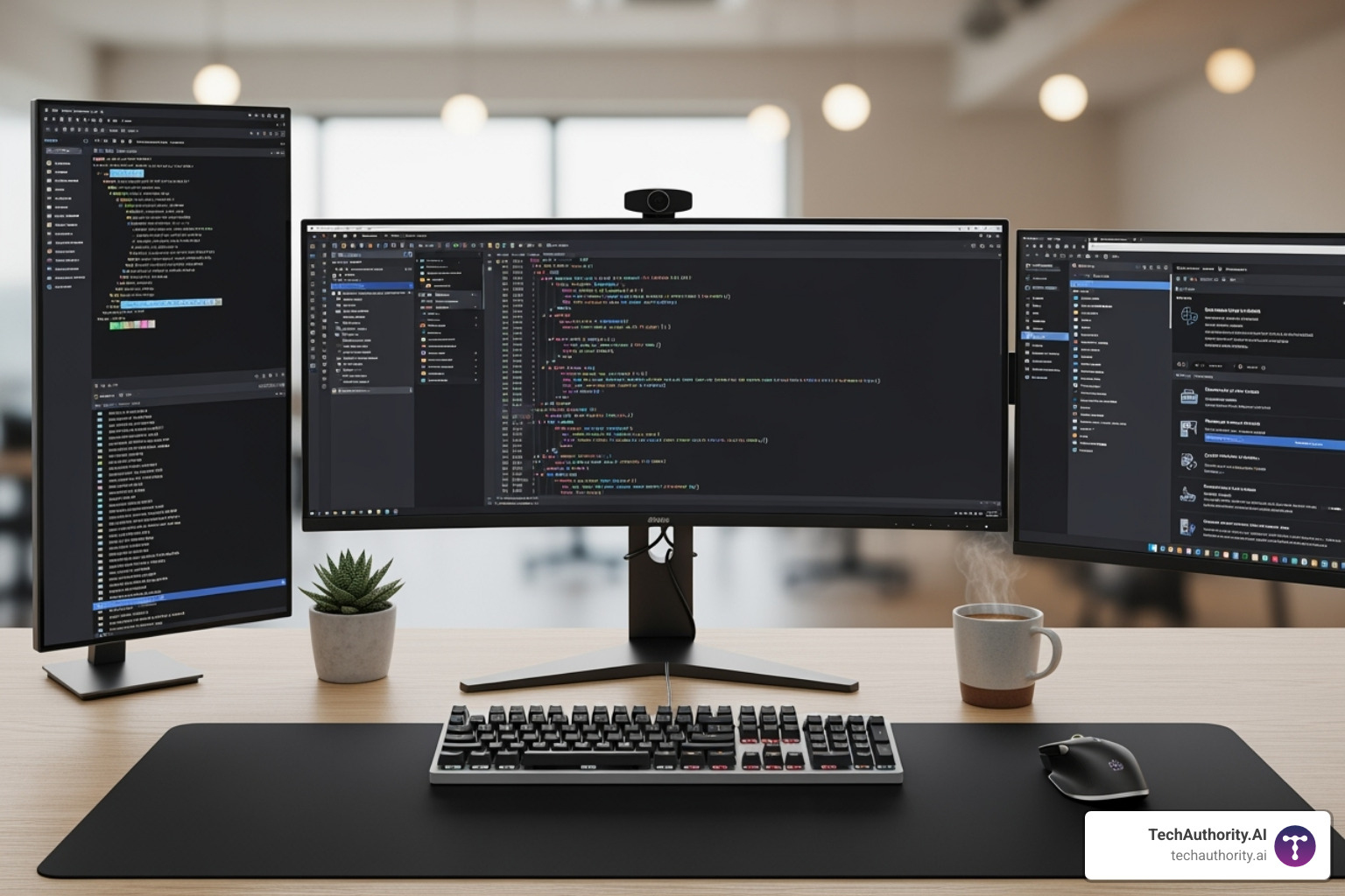 A developer's desk with a code editor open, showcasing a clean, modern workspace with multiple monitors, a keyboard, and a mouse. The code editor displays lines of well-organized code, suggesting a focused and productive environment. - WordPress custom theme development