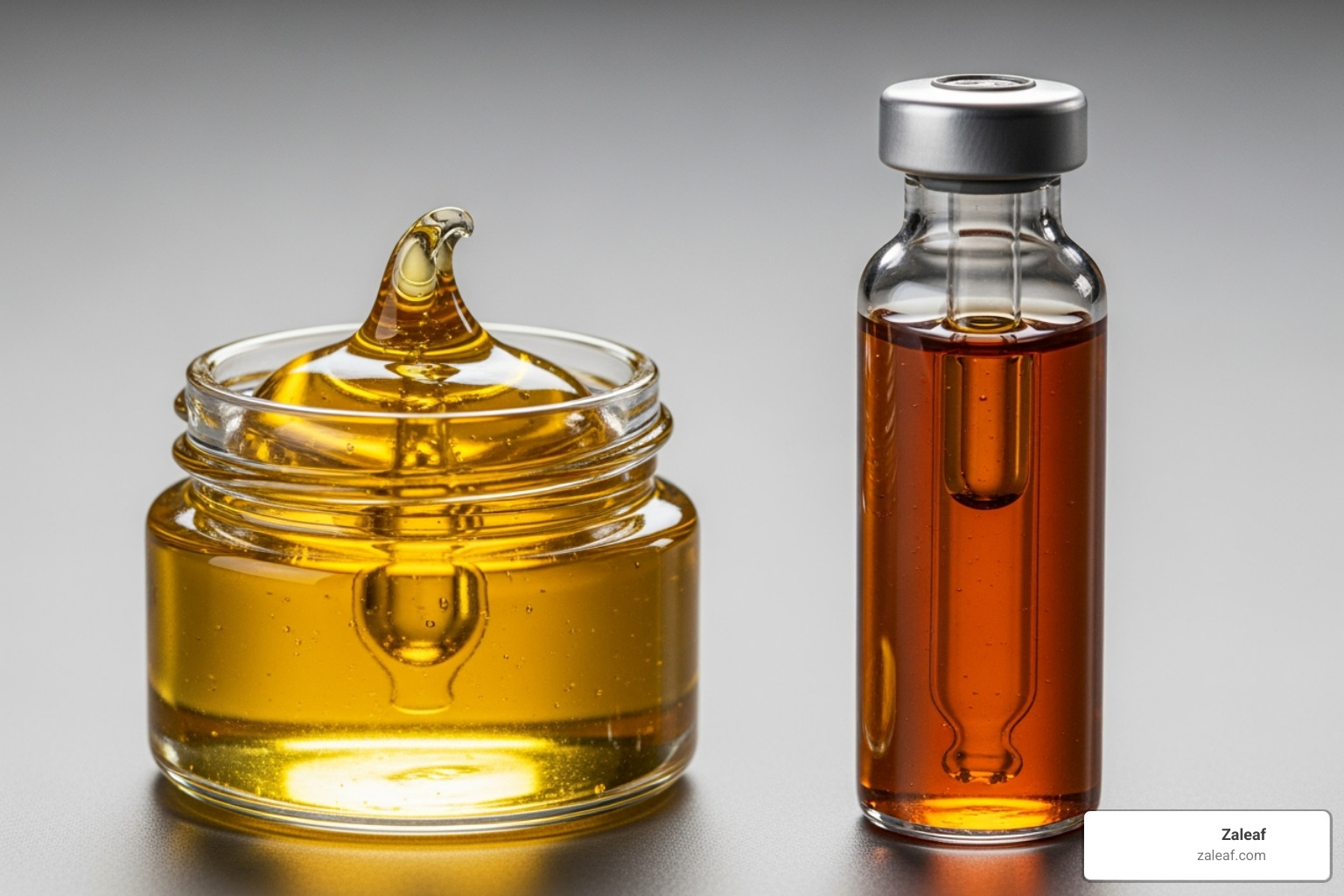 showing the difference in color and consistency between distillate and live resin oil - cart weed