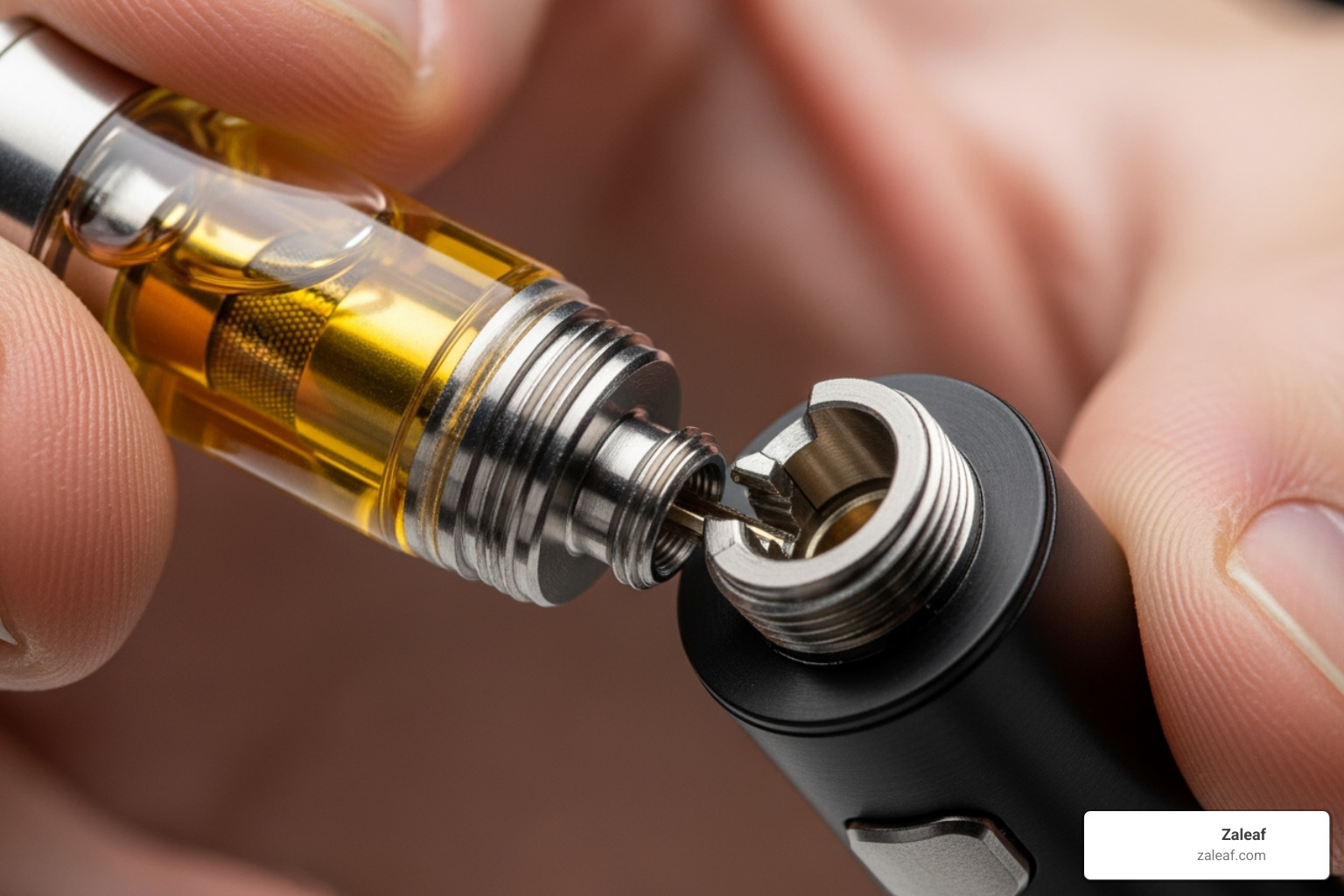of a hand screwing a 510-thread cartridge onto a battery - cart weed