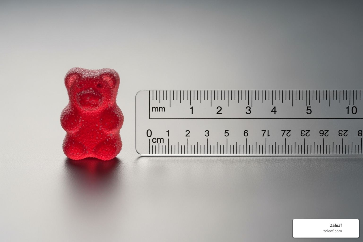 a single gummy next to a ruler to illustrate size and dosage - cannabis edibles for sale