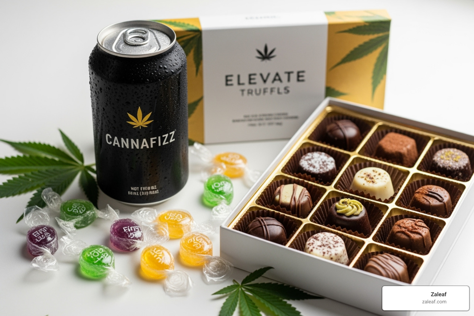 different edible types like beverages, hard candies, and chocolates - cannabis edibles for sale