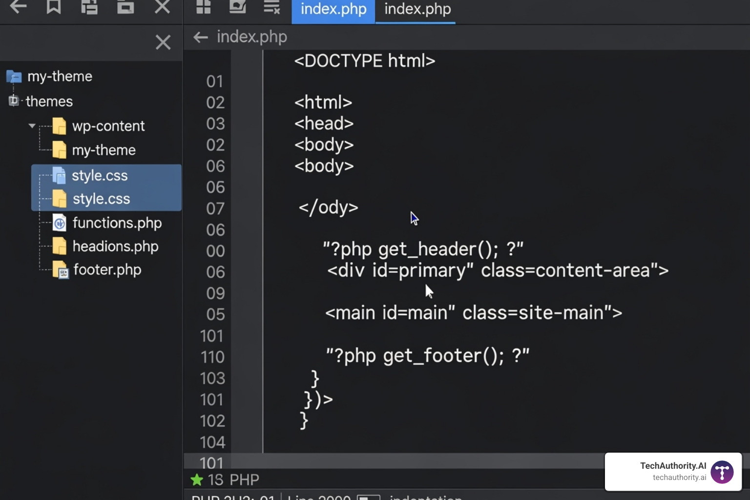 Classic theme file structure in a code editor, showing files like index.php, style.css, functions.php, header.php, and footer.php clearly organized in a directory. - WordPress custom theme development