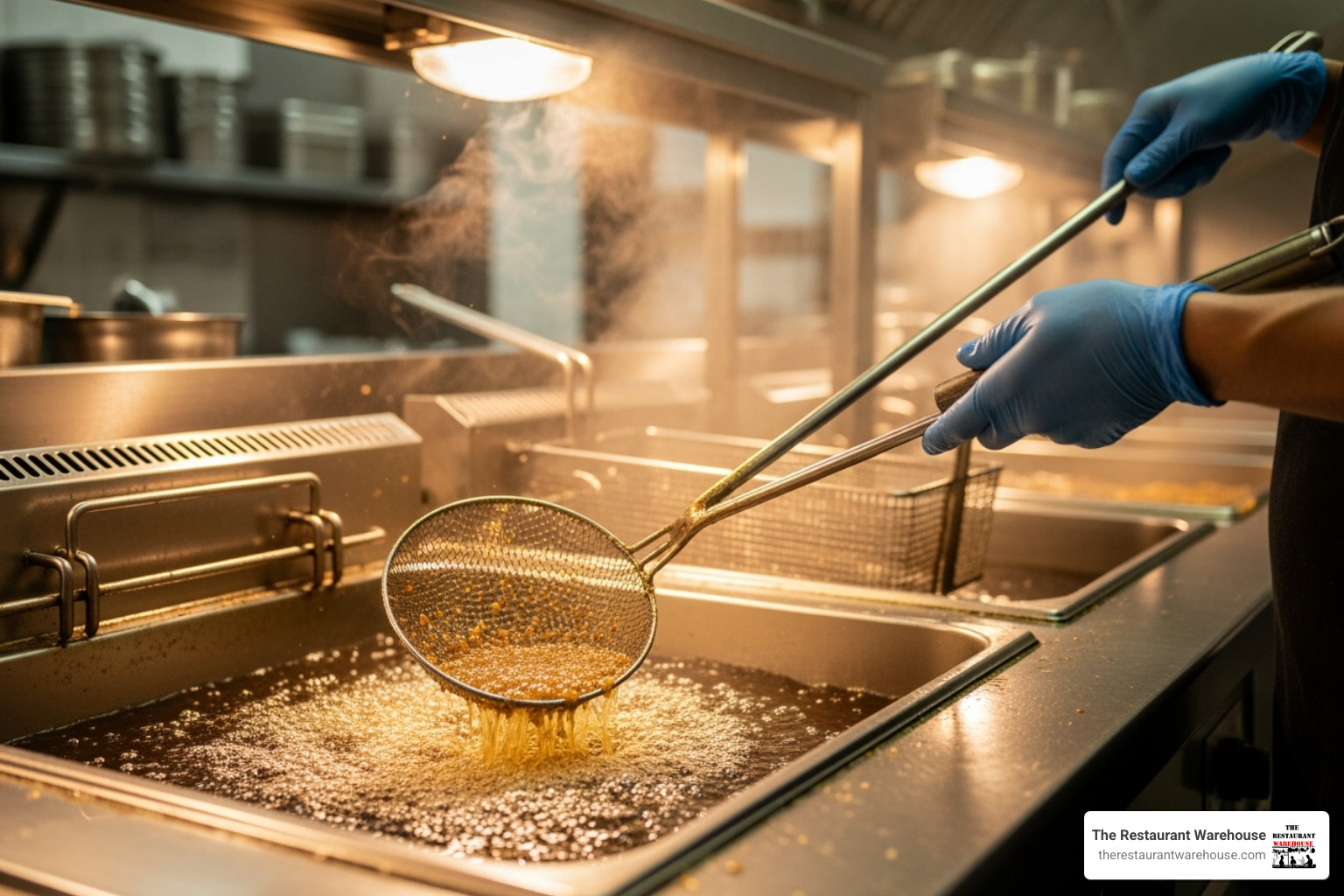 a person using a skimmer to clean sediment from a fryer - small commercial deep fryer