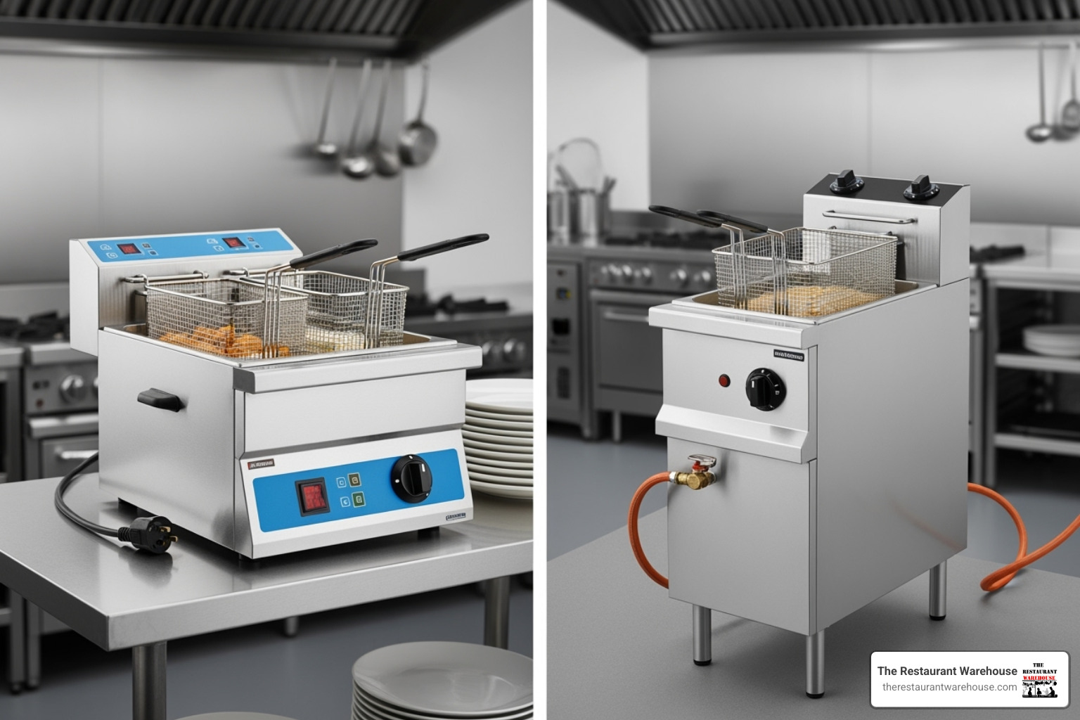 showing a side-by-side comparison of an electric countertop fryer and a small gas floor fryer - small commercial deep fryer