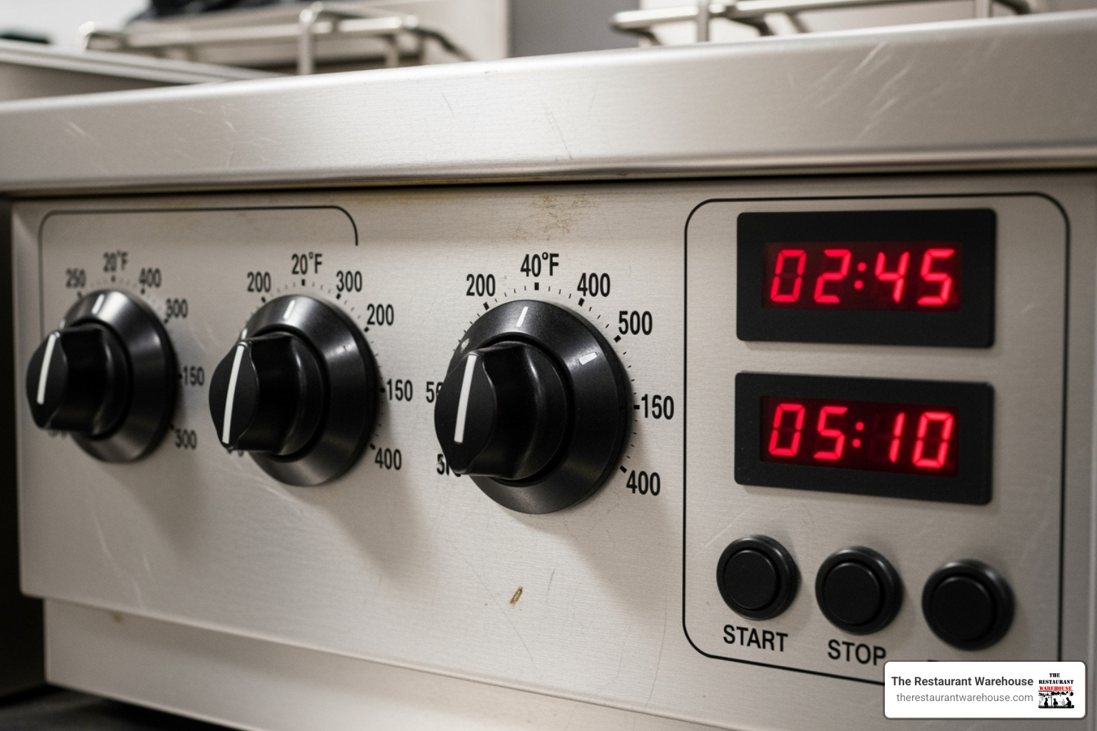 a fryer's control panel showing temperature dials and timers - small commercial deep fryer