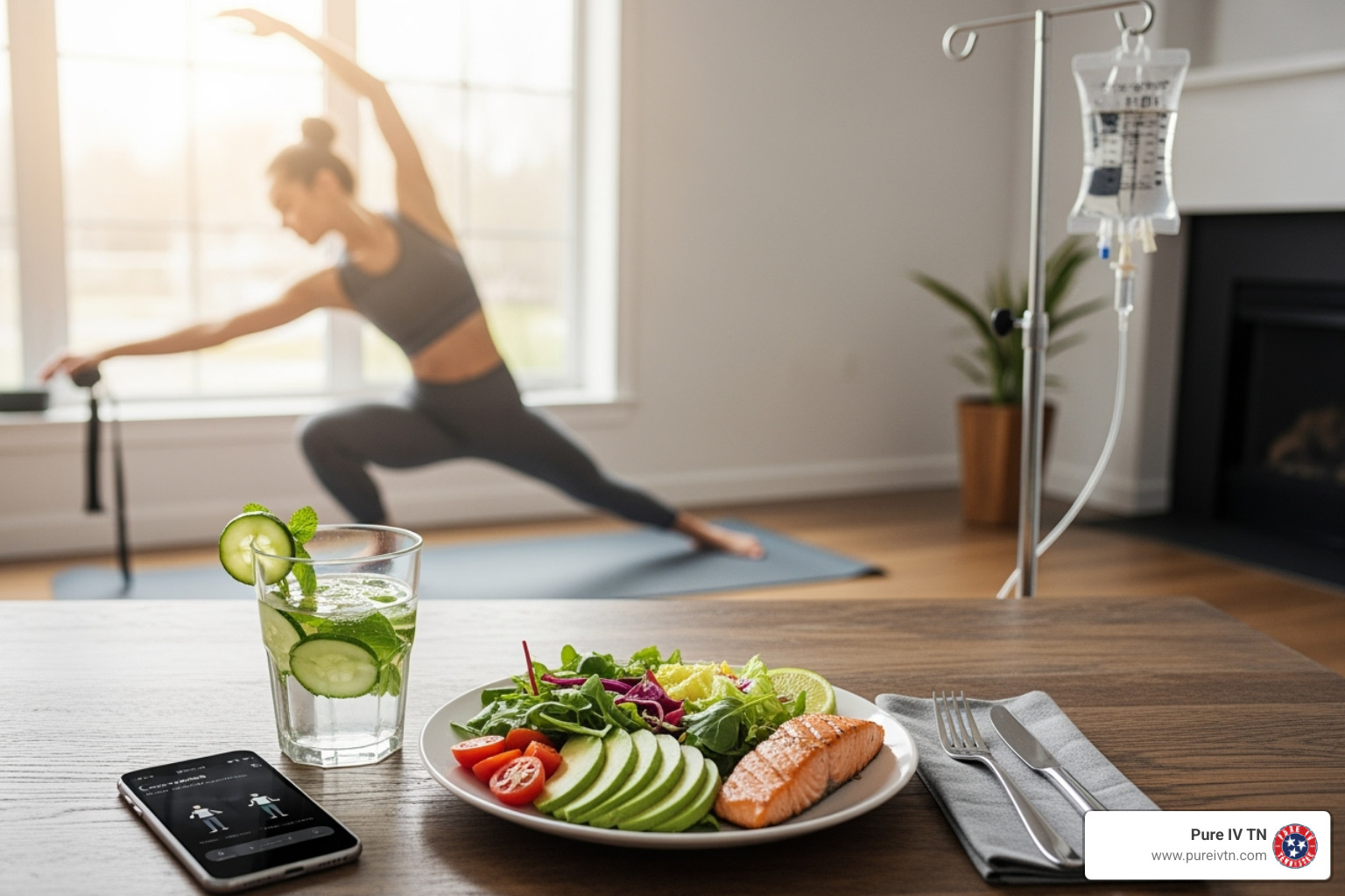 a balanced lifestyle that includes healthy food, regular exercise, and an IV drip - iv hydration for weight loss