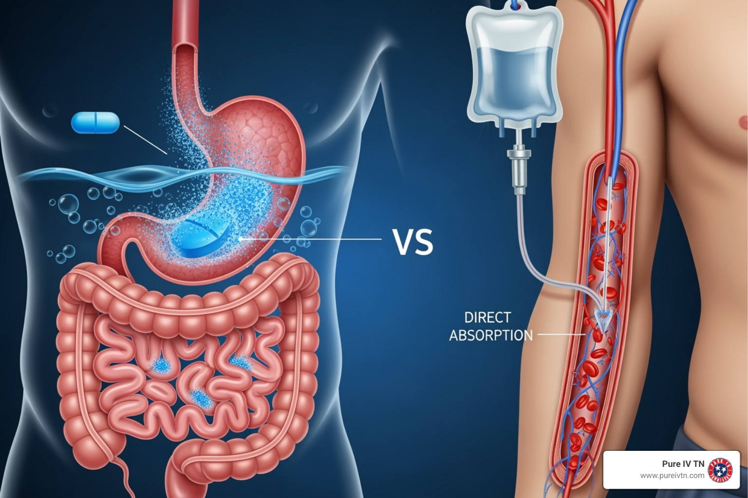 illustrating the difference between oral supplement absorption and direct IV absorption - iv hydration for weight loss