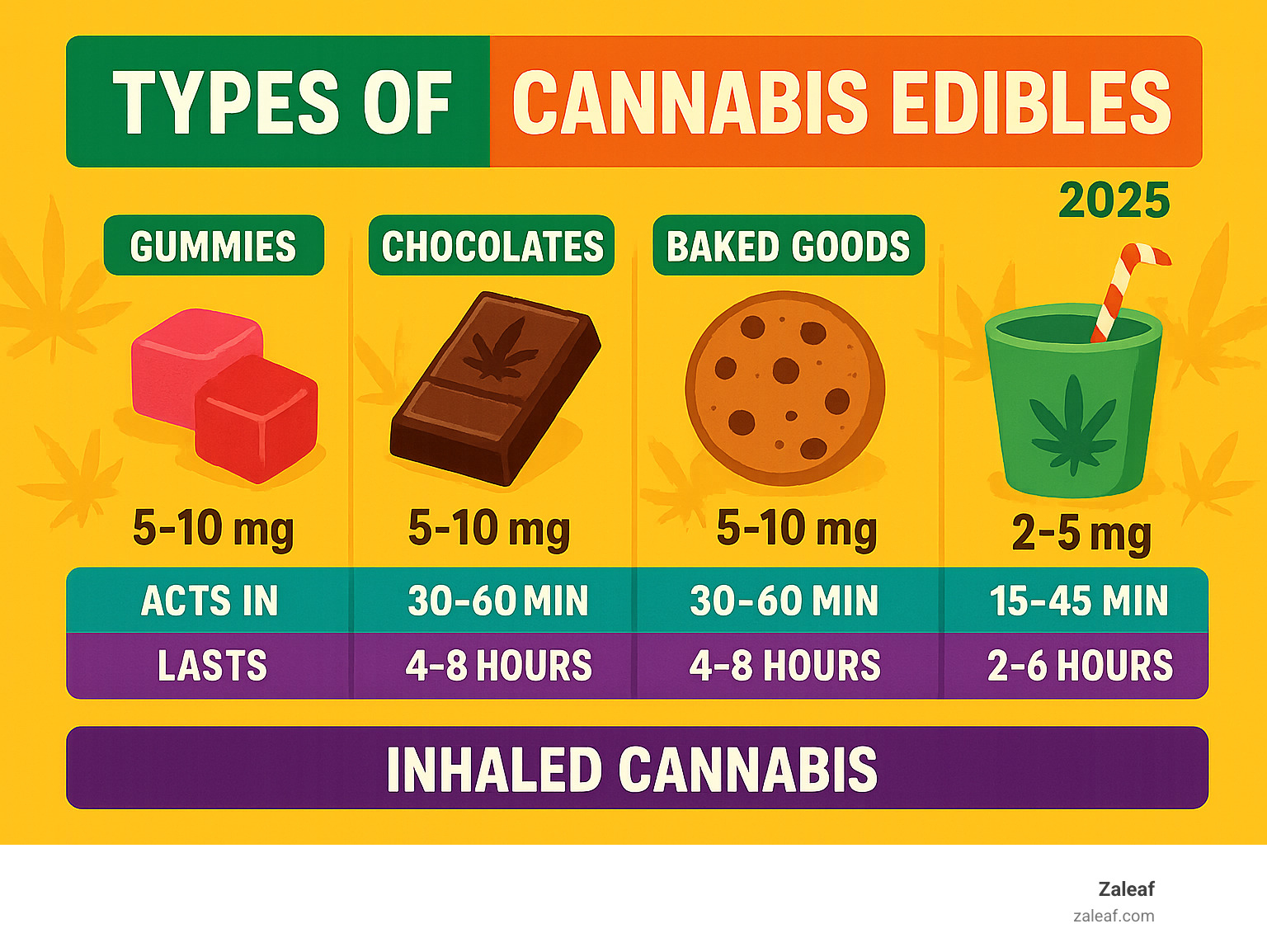 Infographic explaining types of cannabis edibles, their common THC content ranges, and how long they typically take to act and last, comparing them to inhaled cannabis products - cannabis edibles for sale infographic 