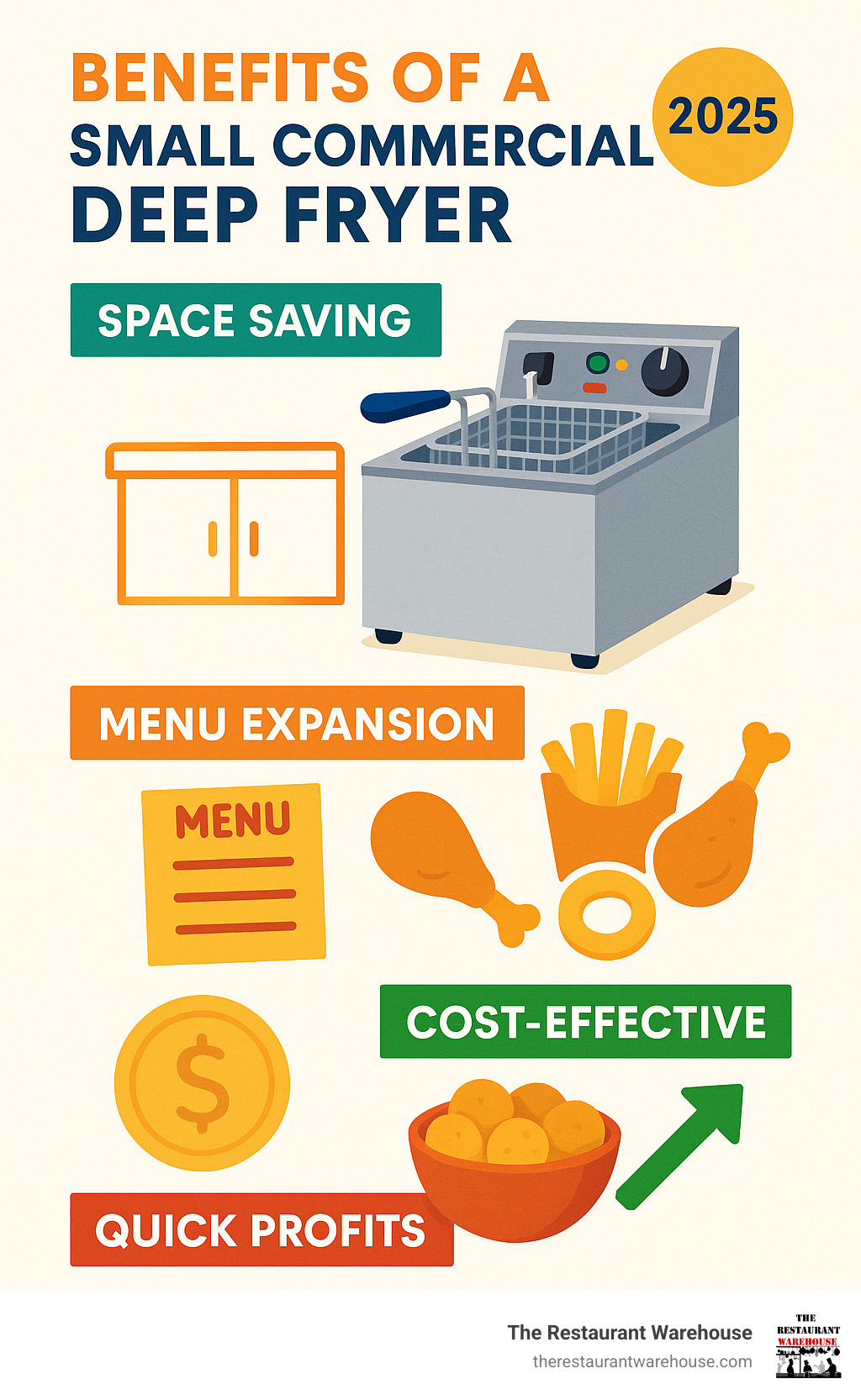Infographic detailing the key benefits of adding a small commercial deep fryer to a commercial kitchen, including space savings, menu expansion, cost-effectiveness, and quick profit generation from popular fried appetizers and snacks. - small commercial deep fryer infographic 