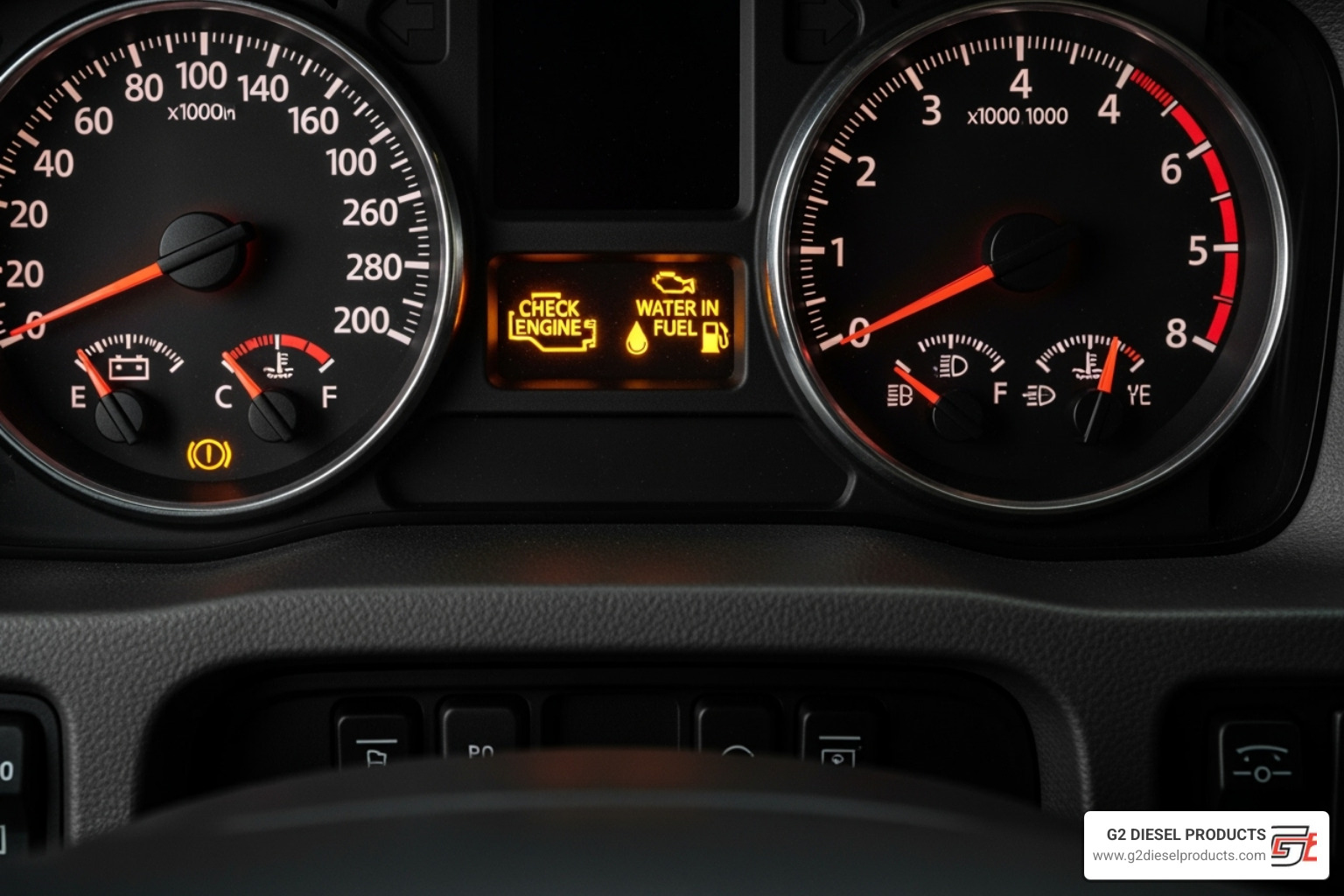 Truck dashboard with check engine and water-in-fuel lights illuminated - paccar mx13 fuel system diagram Truck dashboard with check engine and water-in-fuel lights illuminated - paccar mx13 fuel system diagram