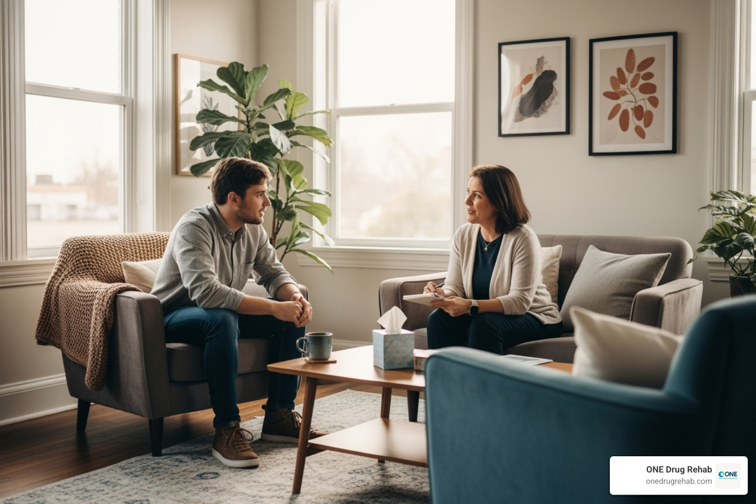 a person talking to a counselor in a comfortable, non-clinical office setting - outpatient alcohol rehab programs