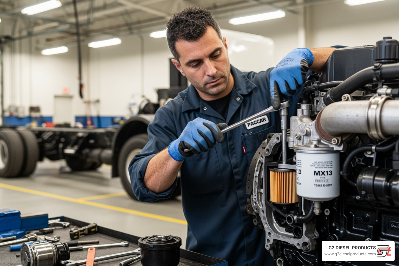 Technician replacing a PACCAR fuel filter - paccar mx13 fuel system diagram Technician replacing a PACCAR fuel filter - paccar mx13 fuel system diagram