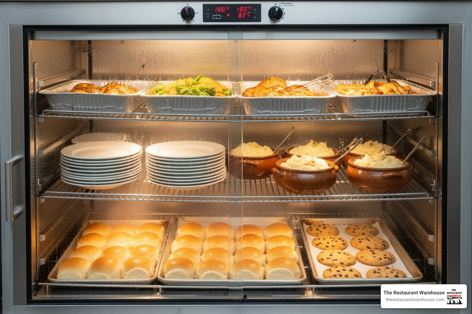 A heated holding cabinet with food inside - food truck cabinets