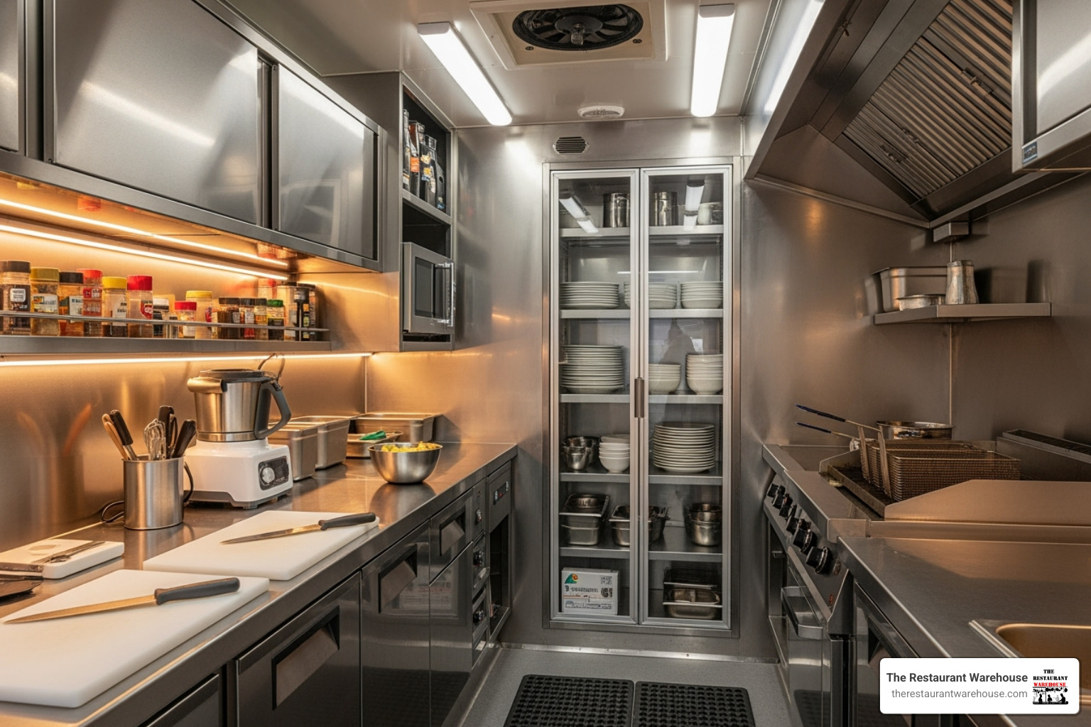 Different cabinet configurations (base, wall, full-height) in a food truck layout - food truck cabinets