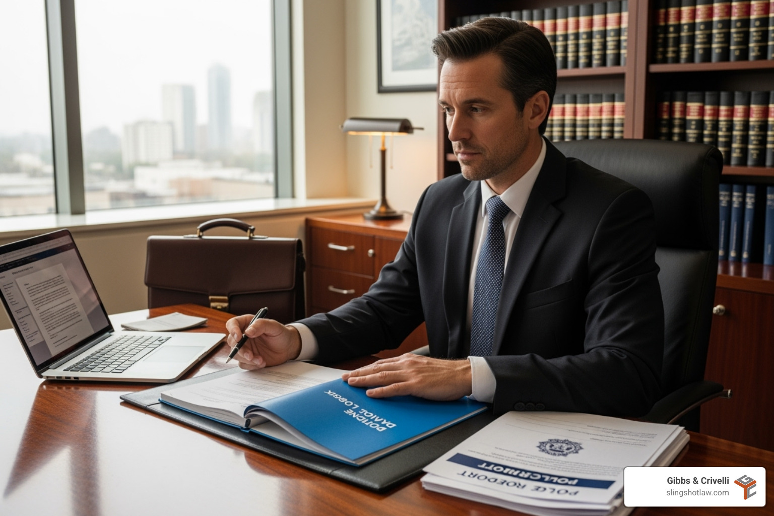 Lawyer reviewing documents like a driver's logbook and a police report - Austin truck accident attorney Lawyer reviewing documents like a driver's logbook and a police report - Austin truck accident attorney