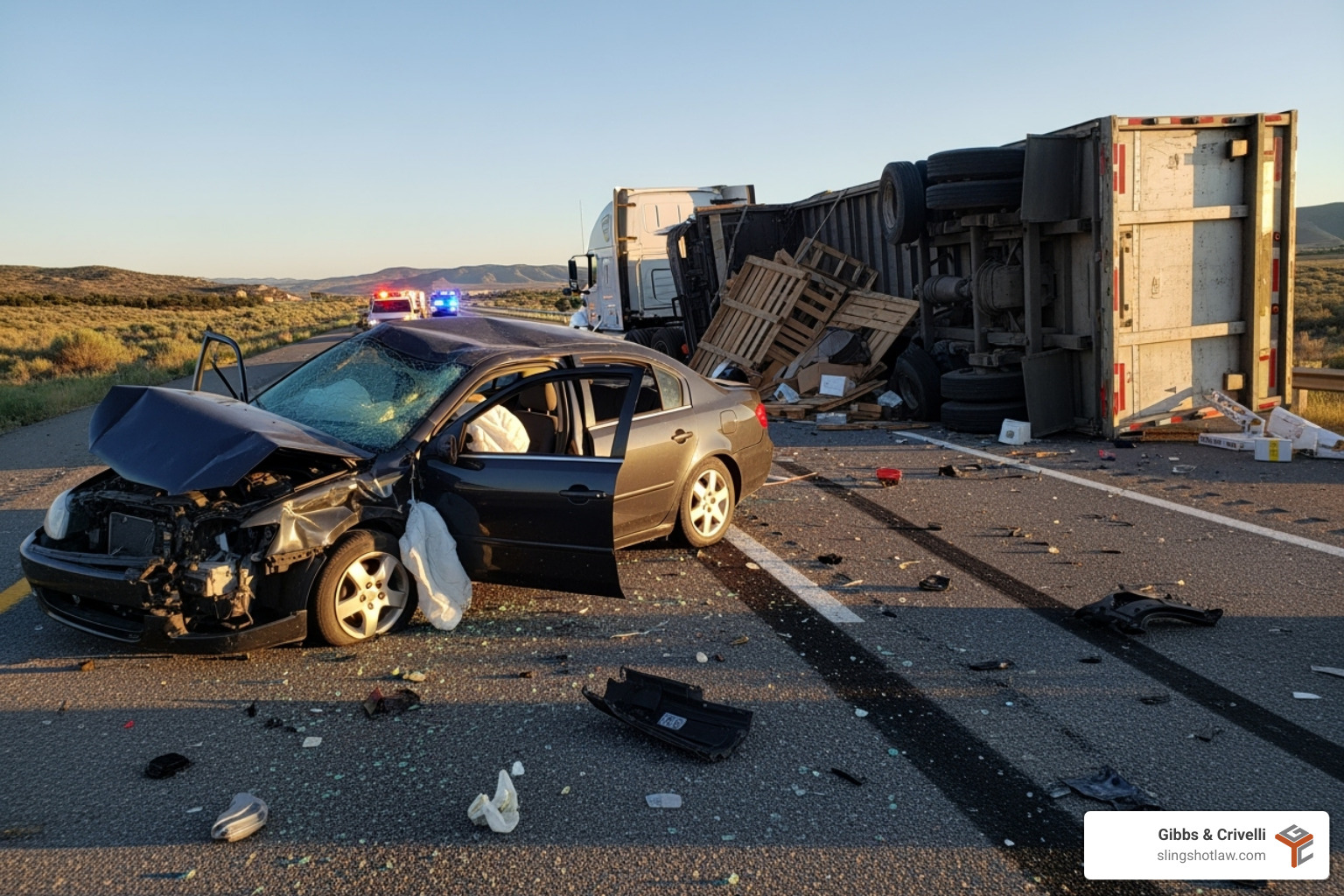 Severe truck accident aftermath, showing significant damage to a smaller vehicle - Austin truck accident attorney Severe truck accident aftermath, showing significant damage to a smaller vehicle - Austin truck accident attorney