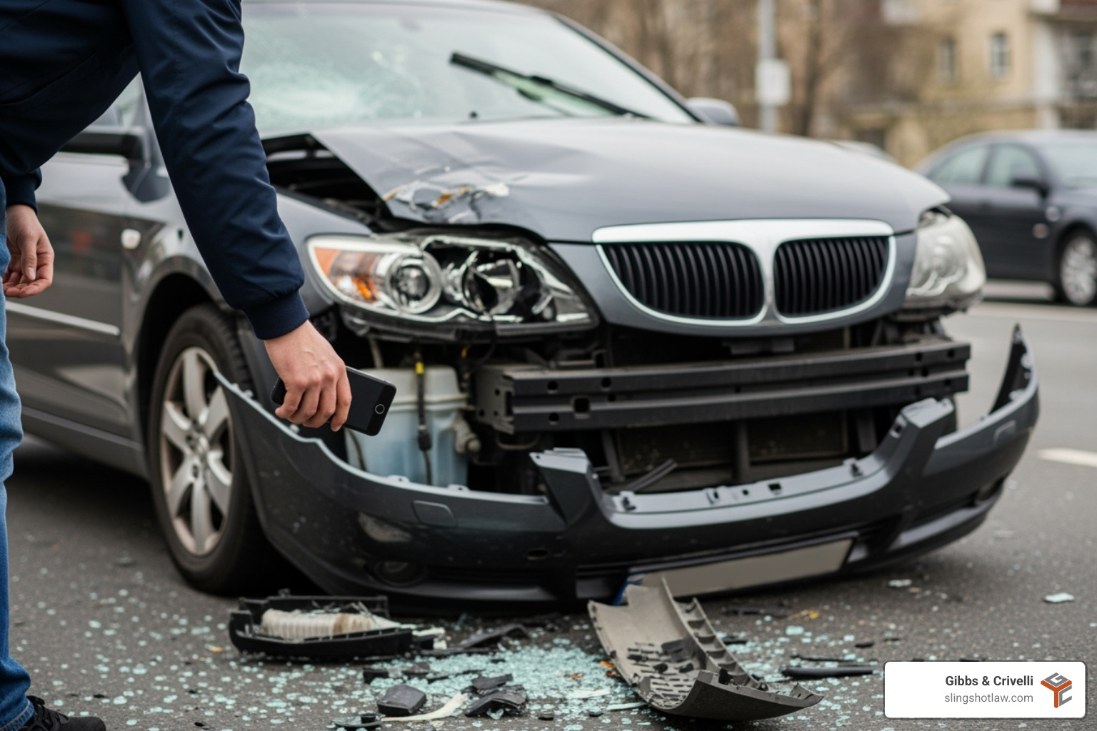 Person taking photos of their damaged car at an accident scene with their smartphone - Austin truck accident attorney Person taking photos of their damaged car at an accident scene with their smartphone - Austin truck accident attorney