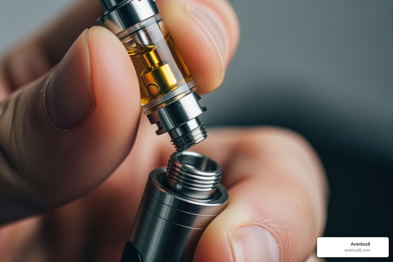 hand screwing a THC cartridge onto an Aventus8 vape pen battery - can you put a thc cartridge in a vape pen
