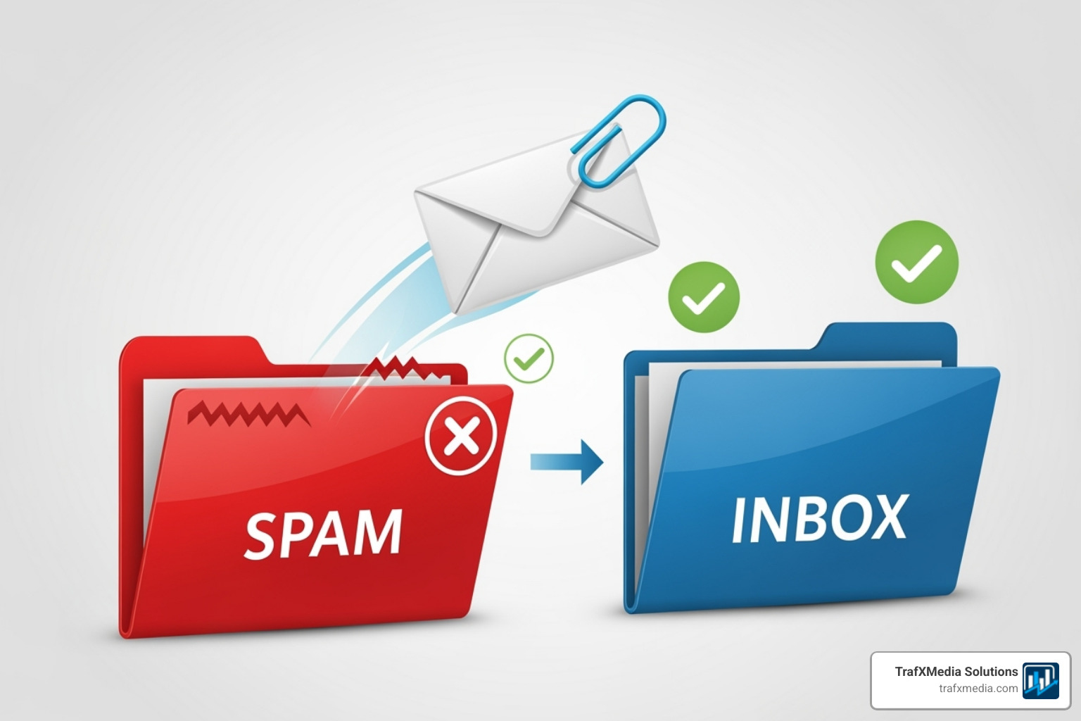 graphic showing an email successfully landing in an "Inbox" folder, bypassing the "Spam" folder, with green checkmarks indicating success - startup email marketing services