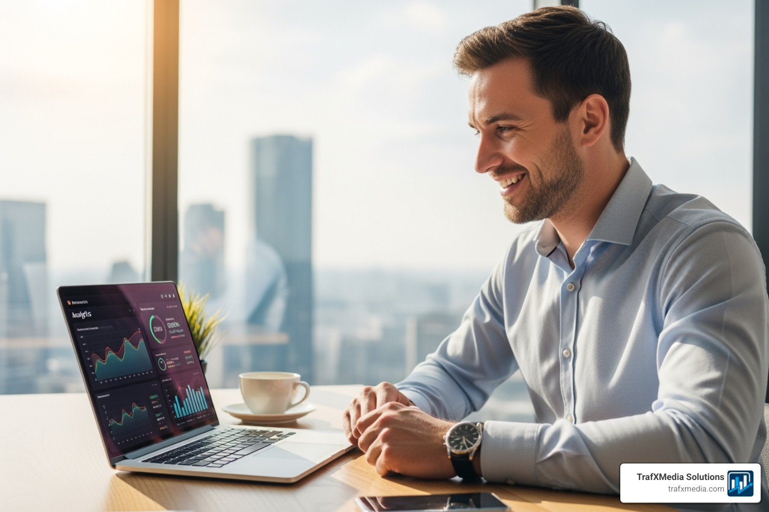 confident, Caucasian male business owner smiling while looking at a successful analytics dashboard on a laptop - startup email marketing services