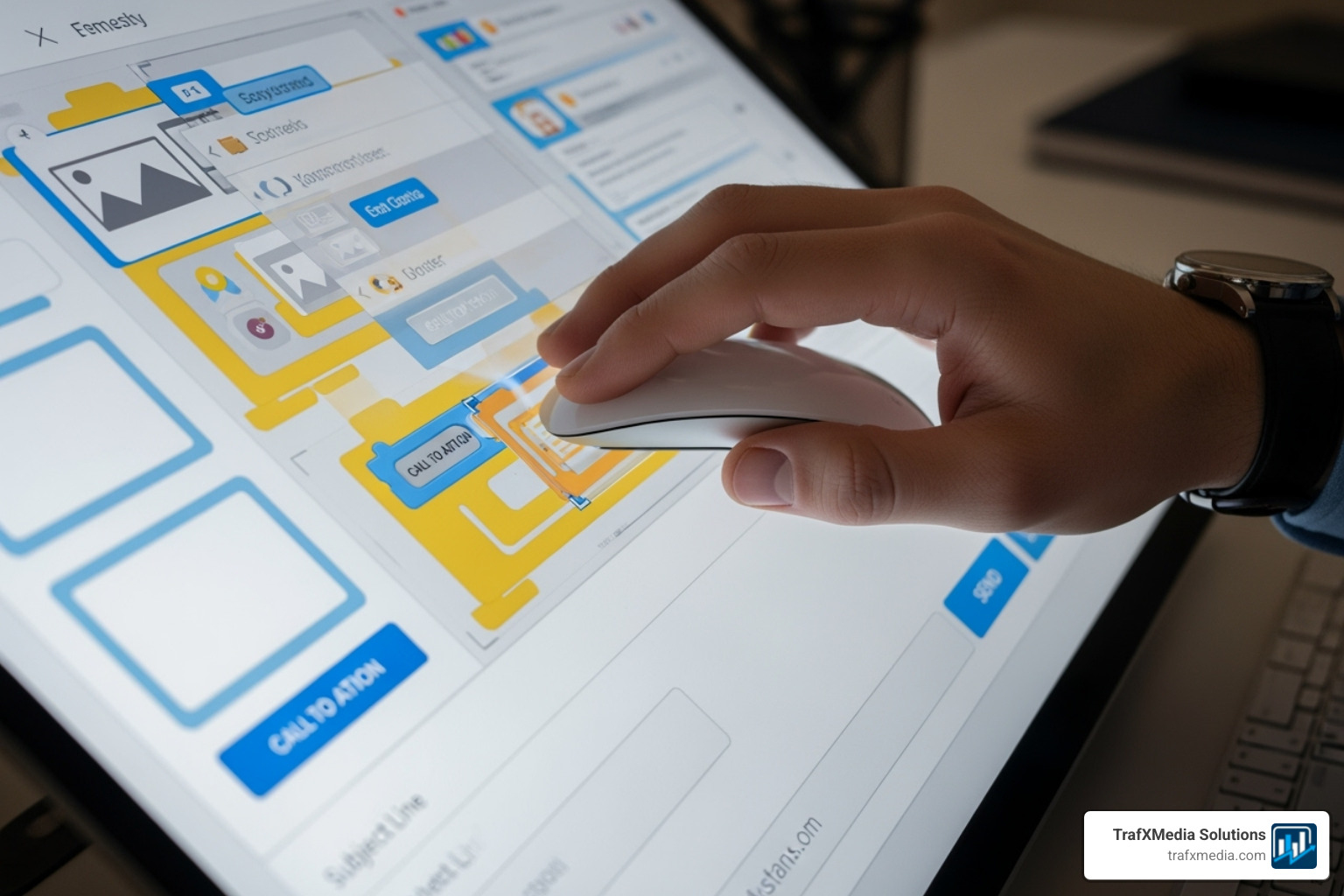 user-friendly drag-and-drop email editor on a computer screen, with a Caucasian hand using the mouse to arrange content blocks - startup email marketing services