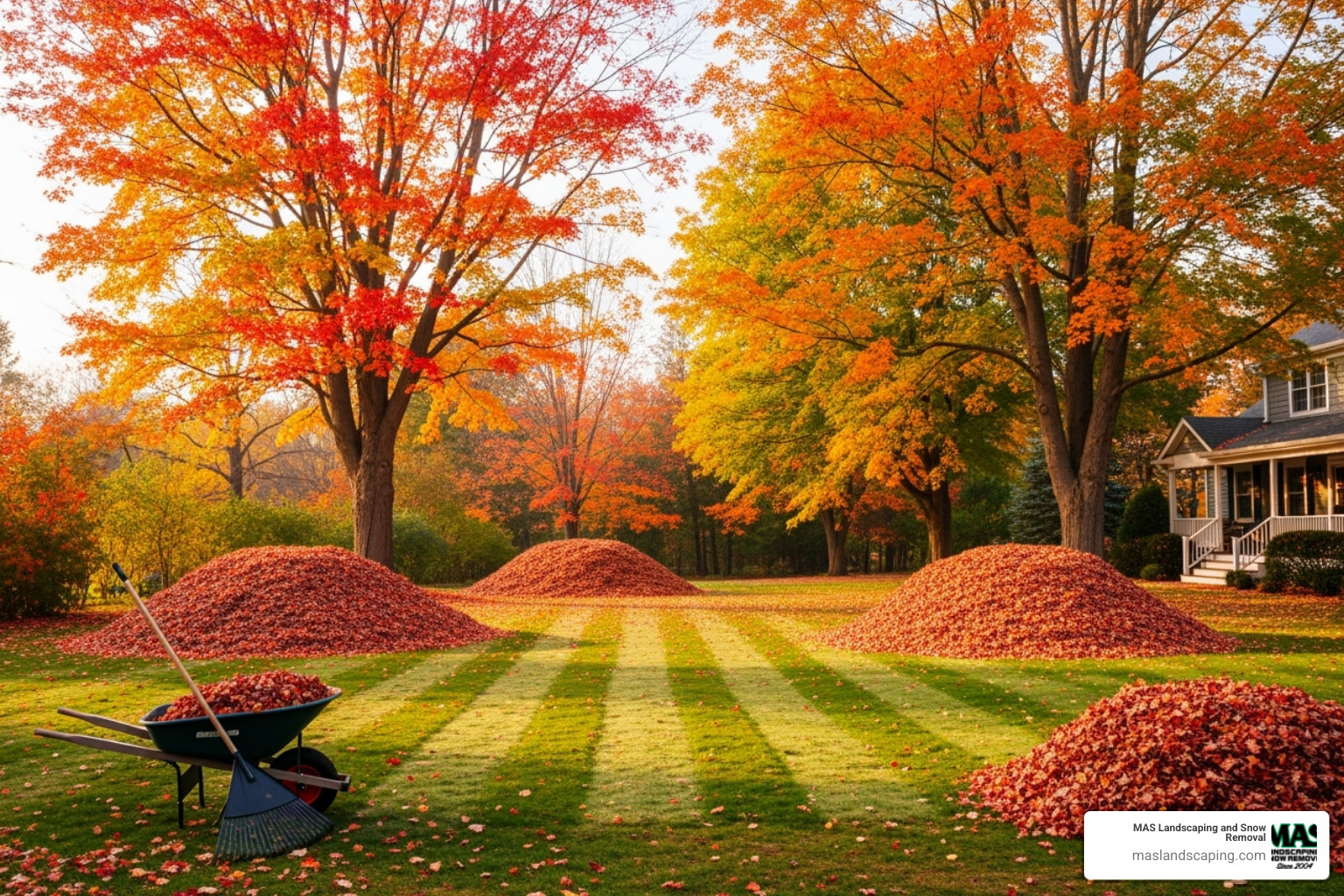 yard with colorful fall foliage being cleaned up - lawn care and landscaping